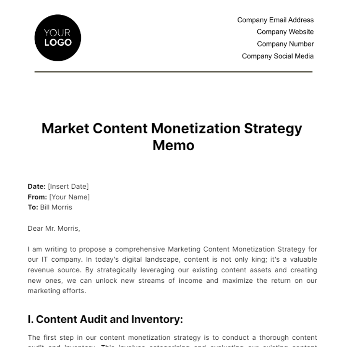 Marketing Content Monetization Strategy Memo Template