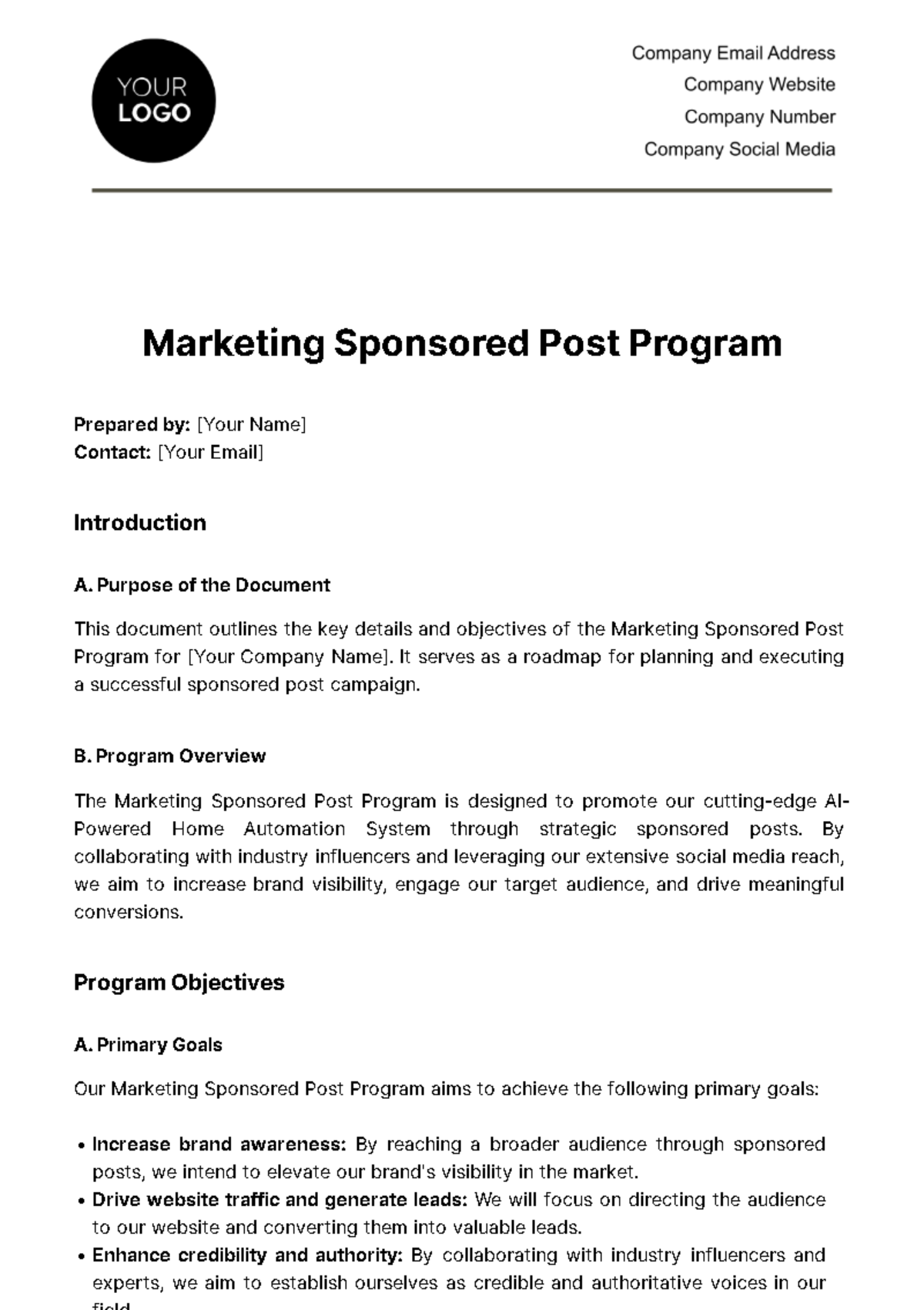 Free Marketing Sponsored Post Program Template
