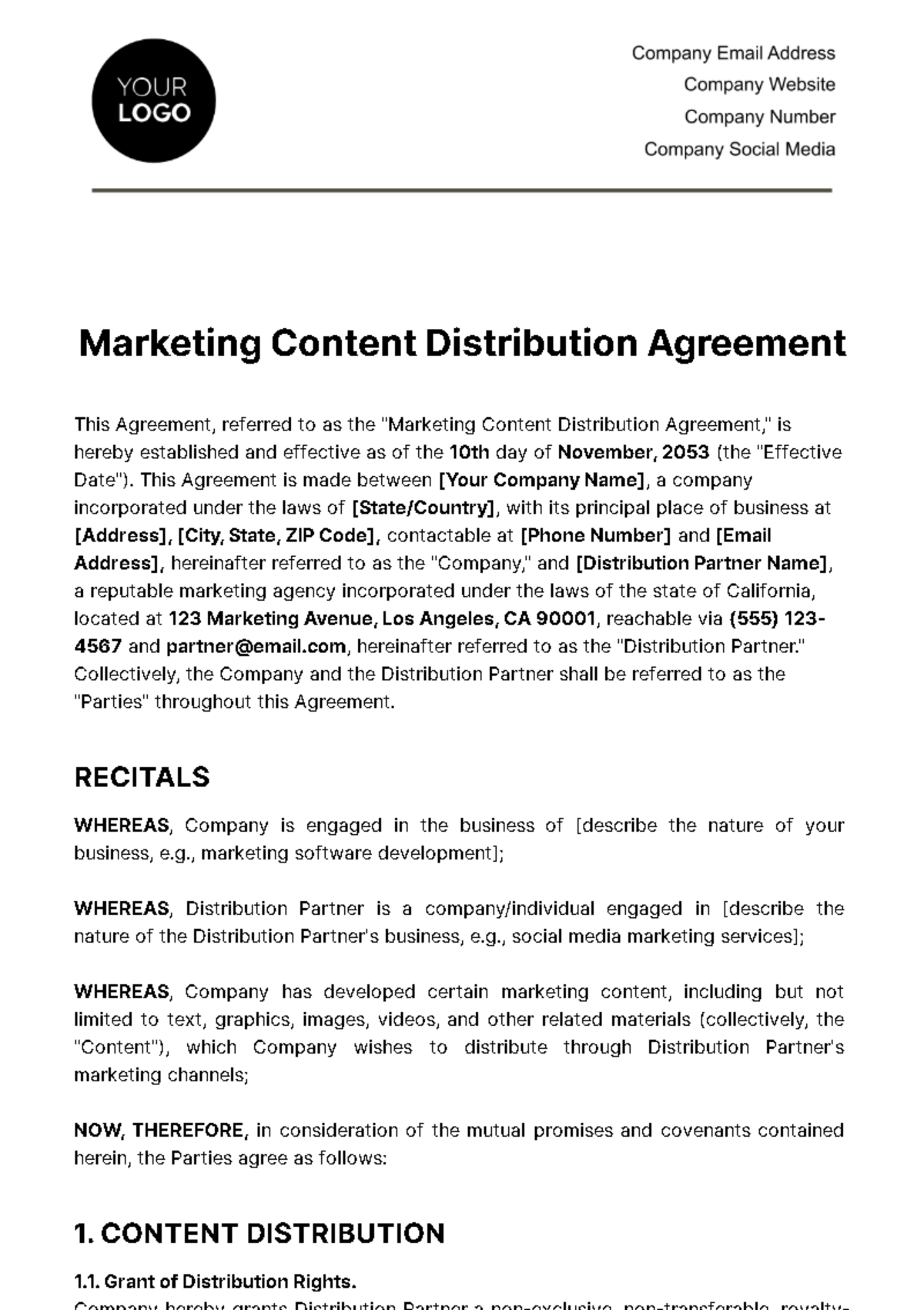 Free Marketing Content Distribution Agreement Template
