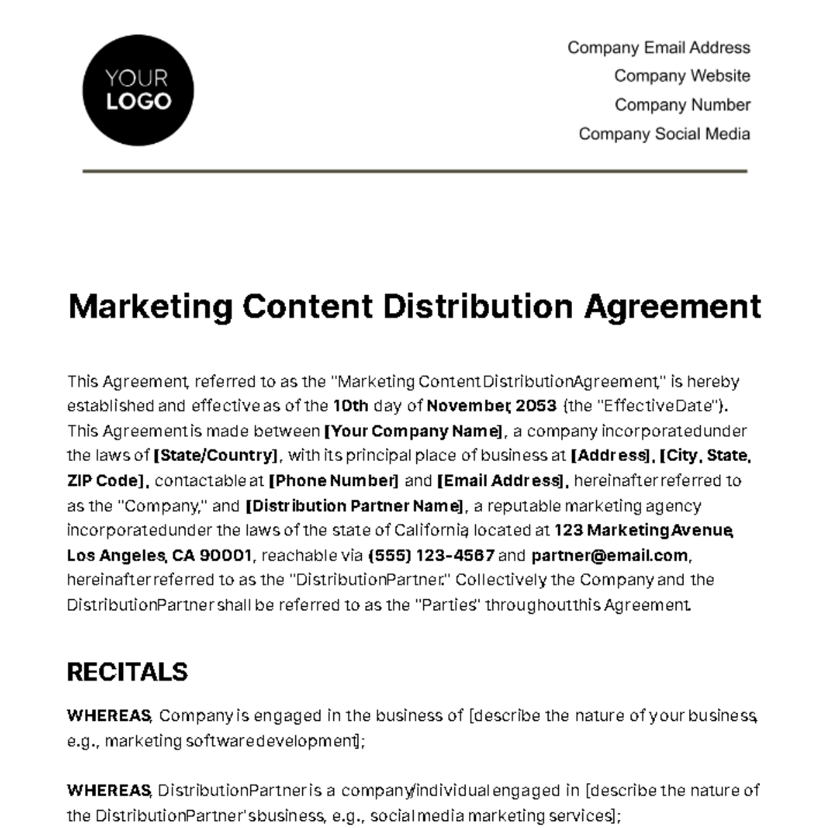 Marketing Content Distribution Agreement Template