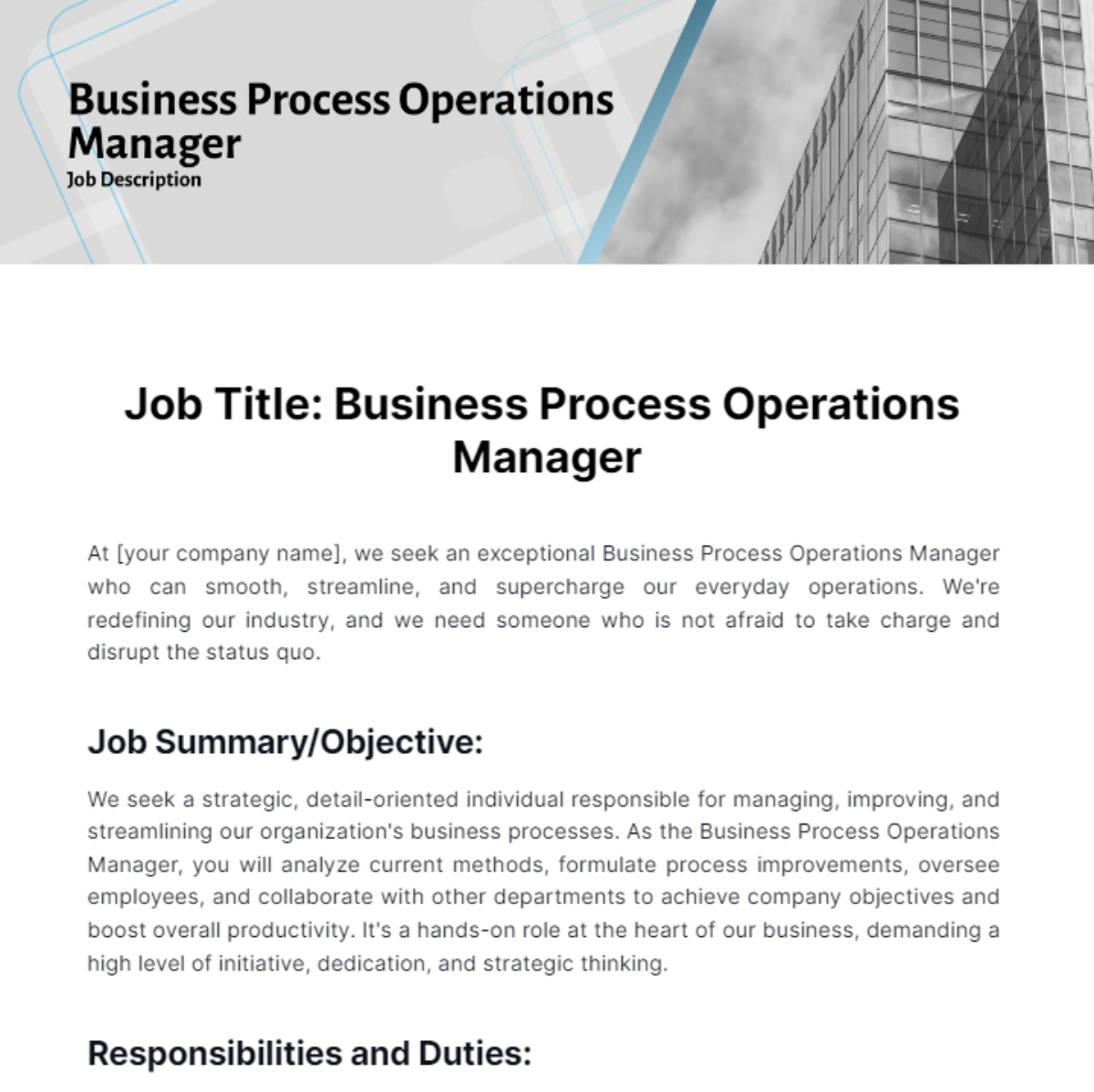 Business Process Operations Manager Job Description Template
