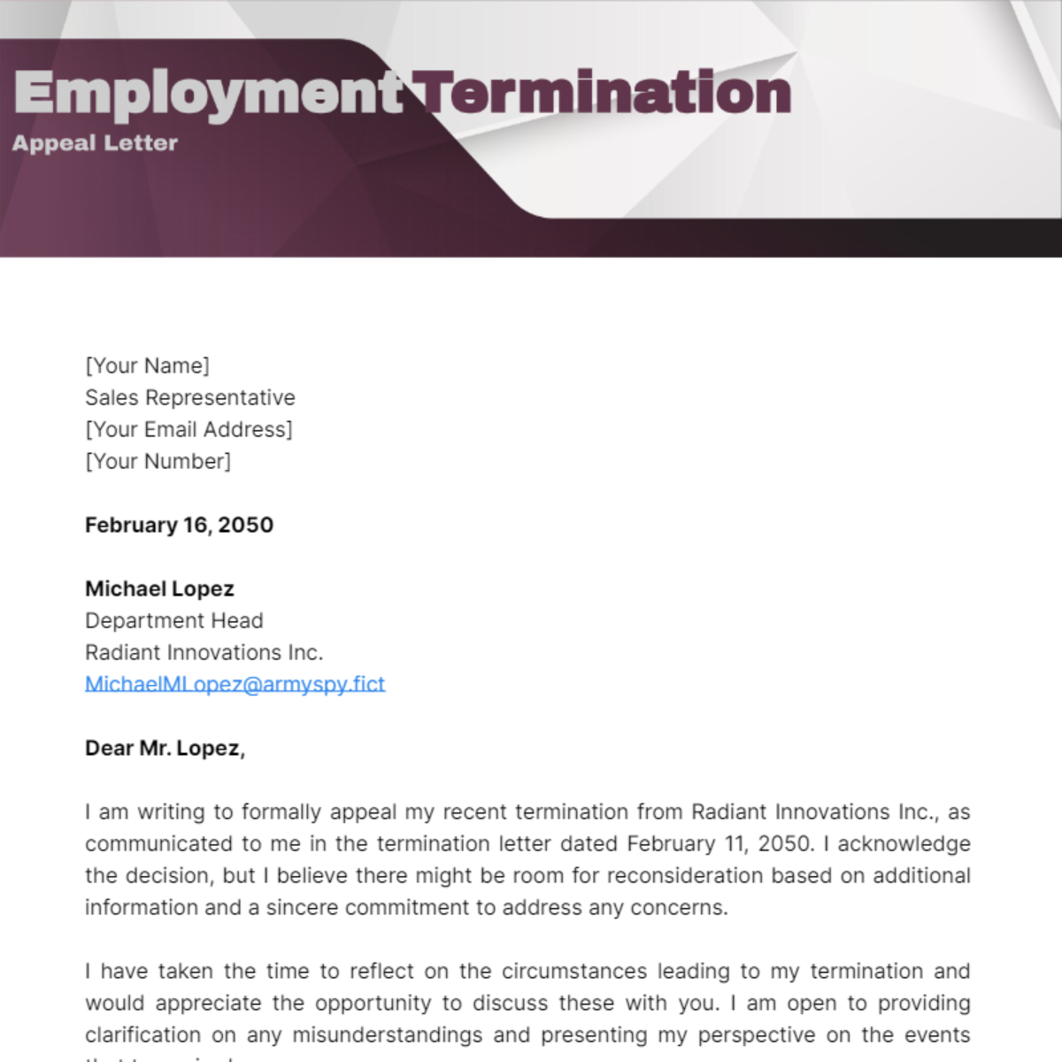 Employment Termination Appeal Letter Template