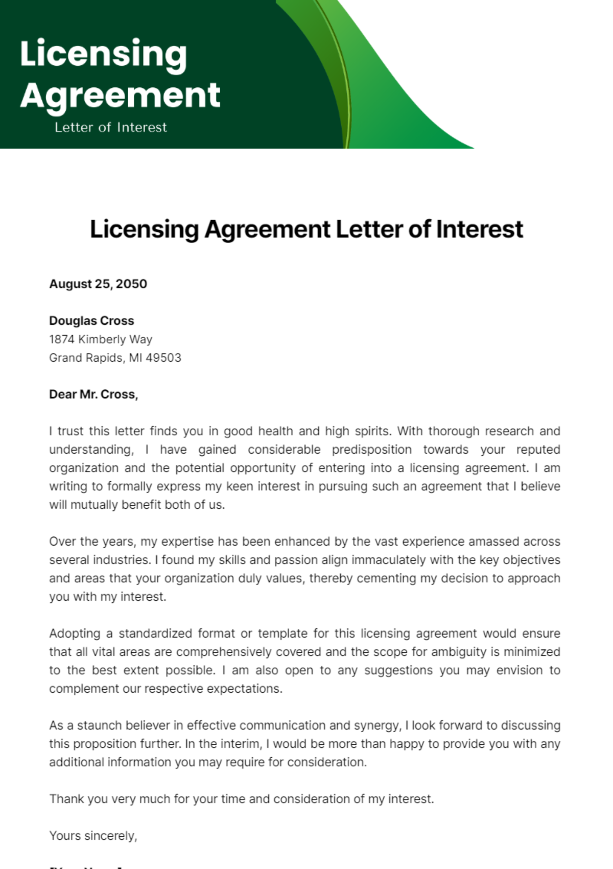 Licensing Agreement Letter of Interest Template