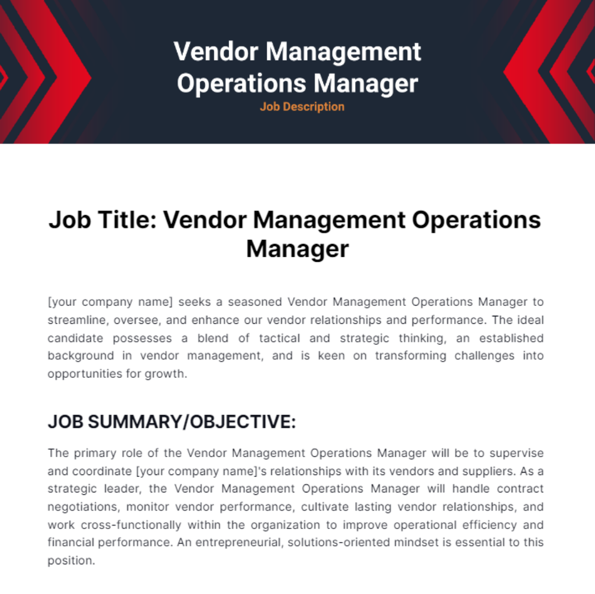 Vendor Management Operations Manager Job Description Template