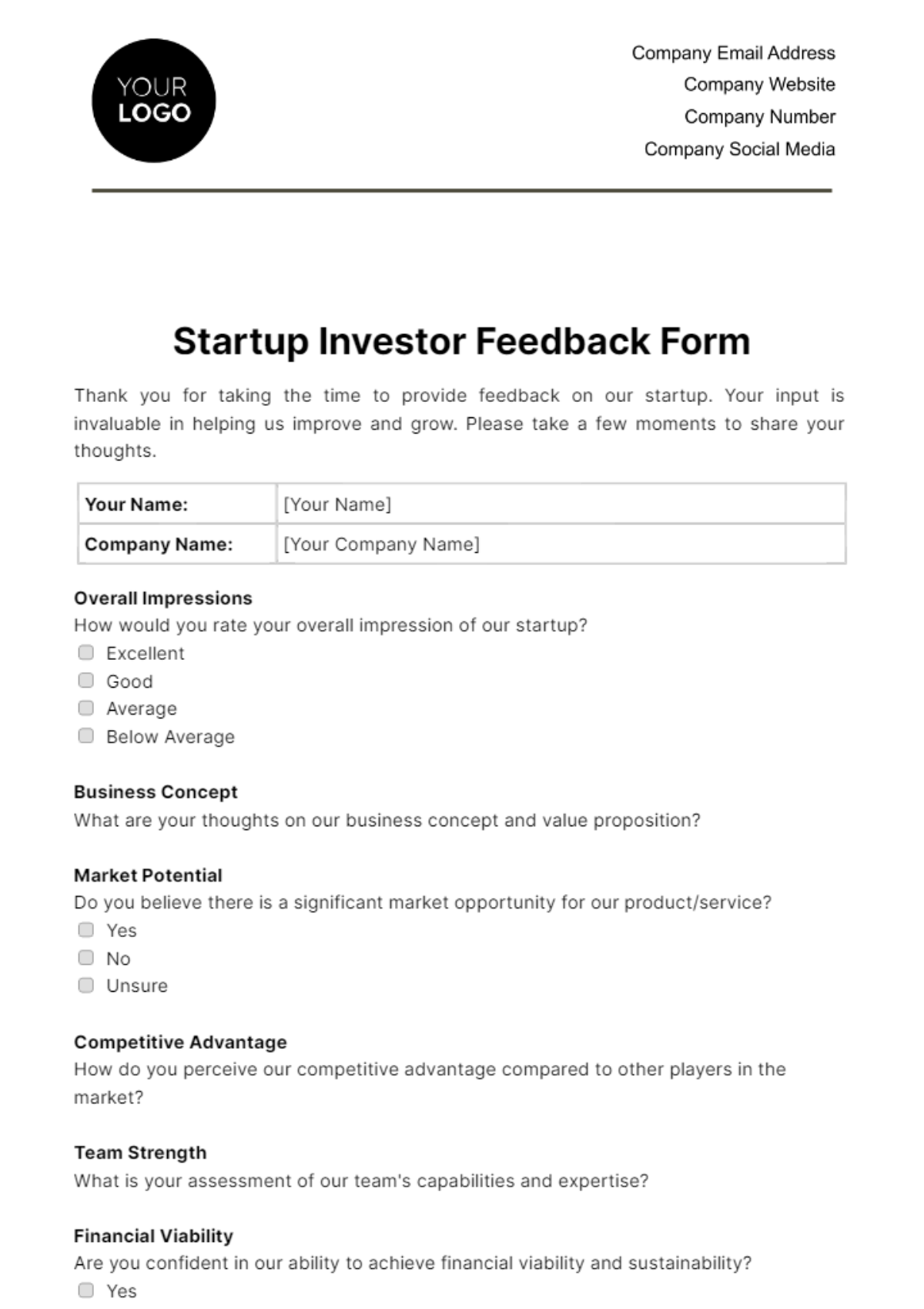 Startup Investor Feedback Form Template