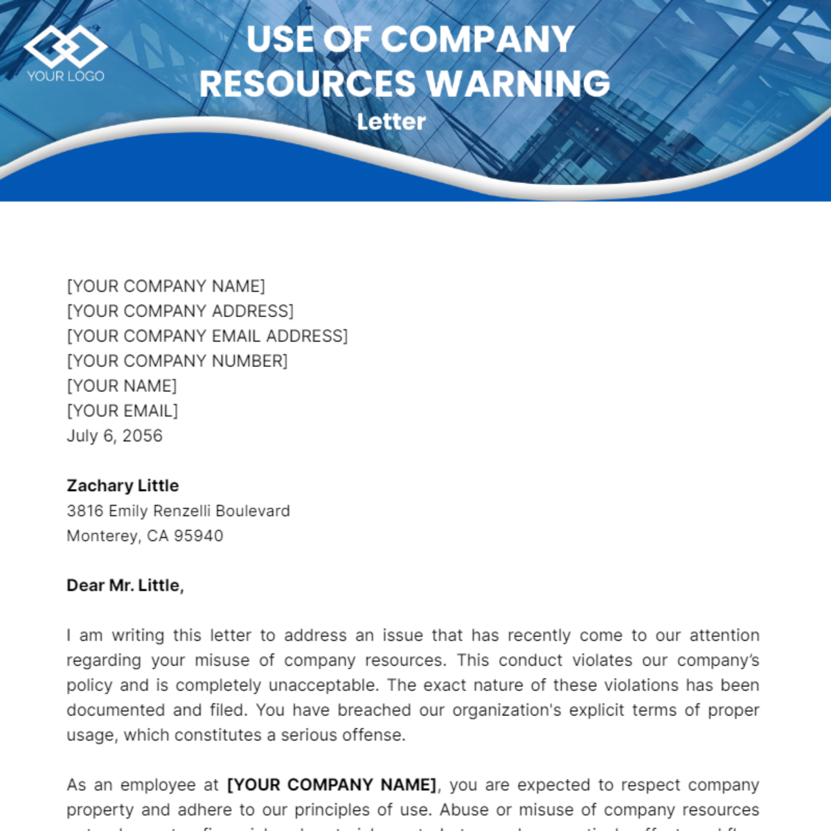 Use of Company Resources Warning Letter Template