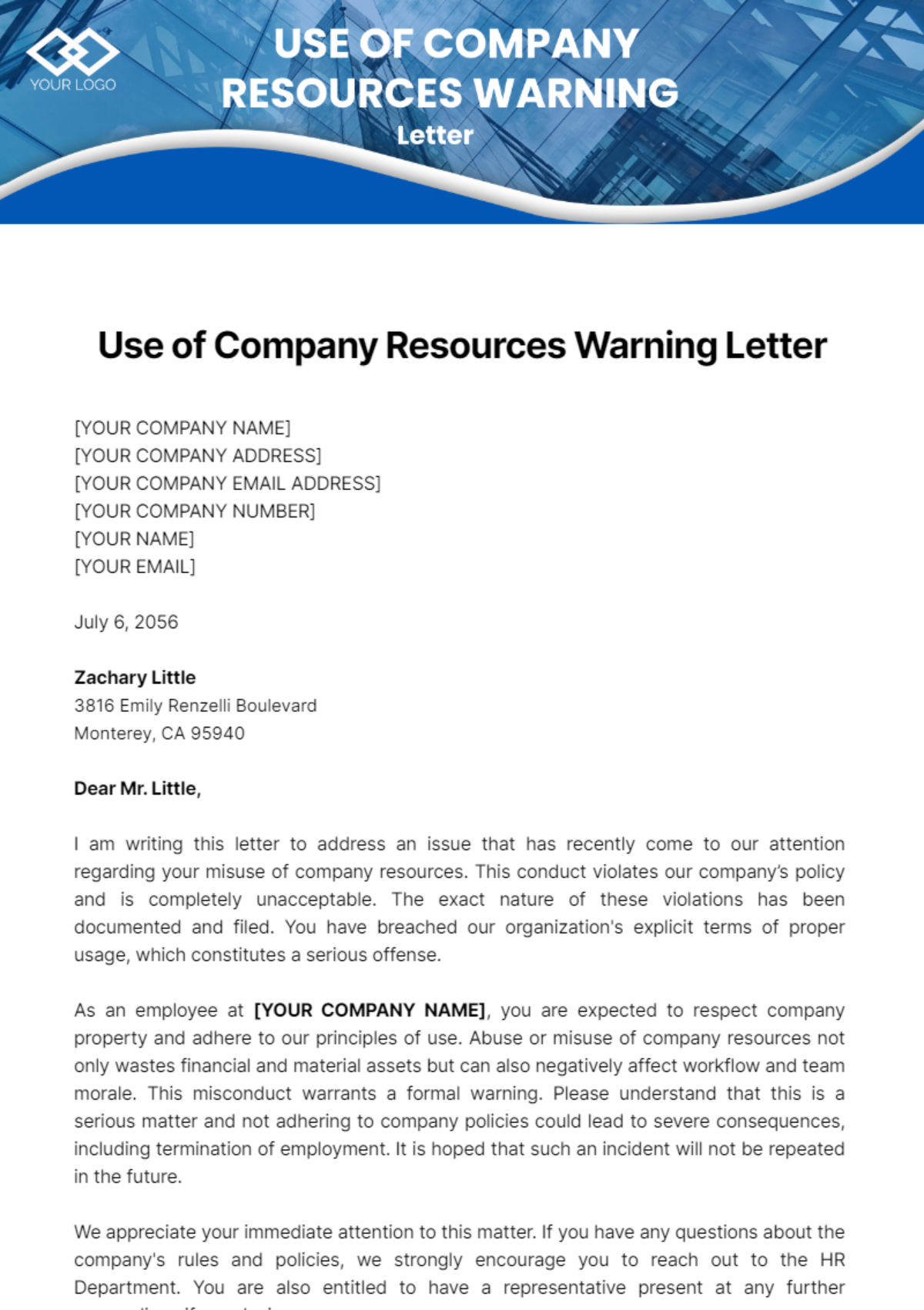 Use of Company Resources Warning Letter Template