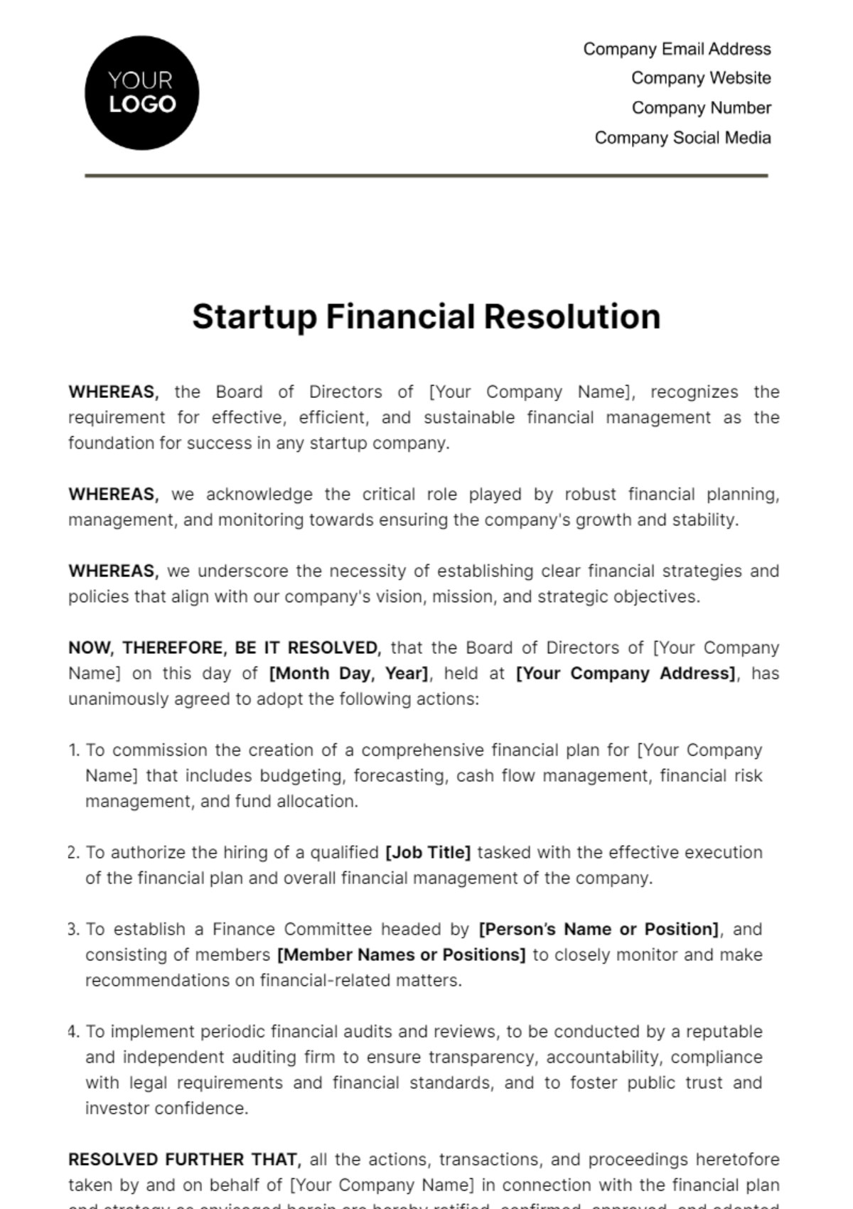 Free Startup Financial Resolution Template