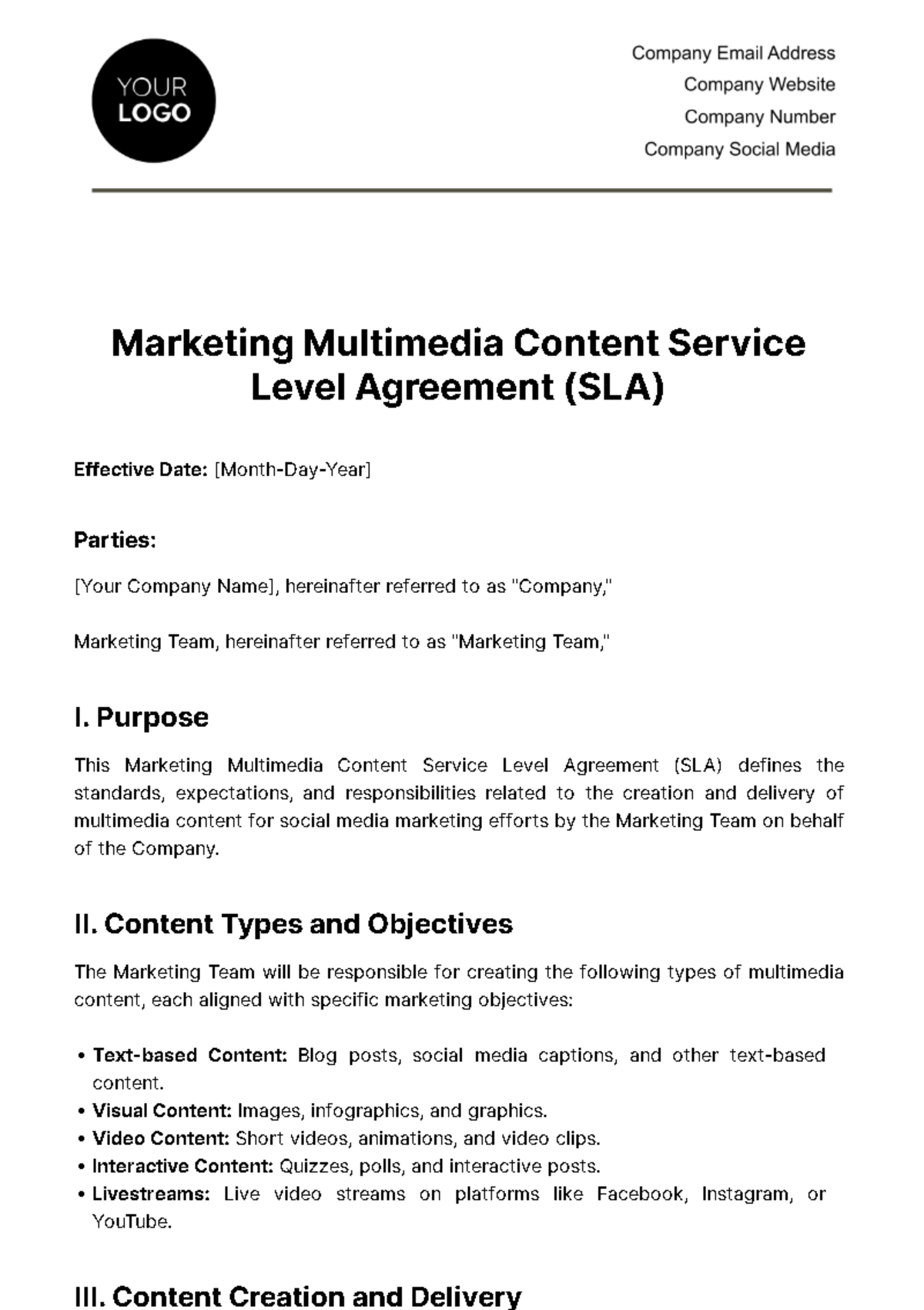 Free Marketing Multimedia Content SLA Template