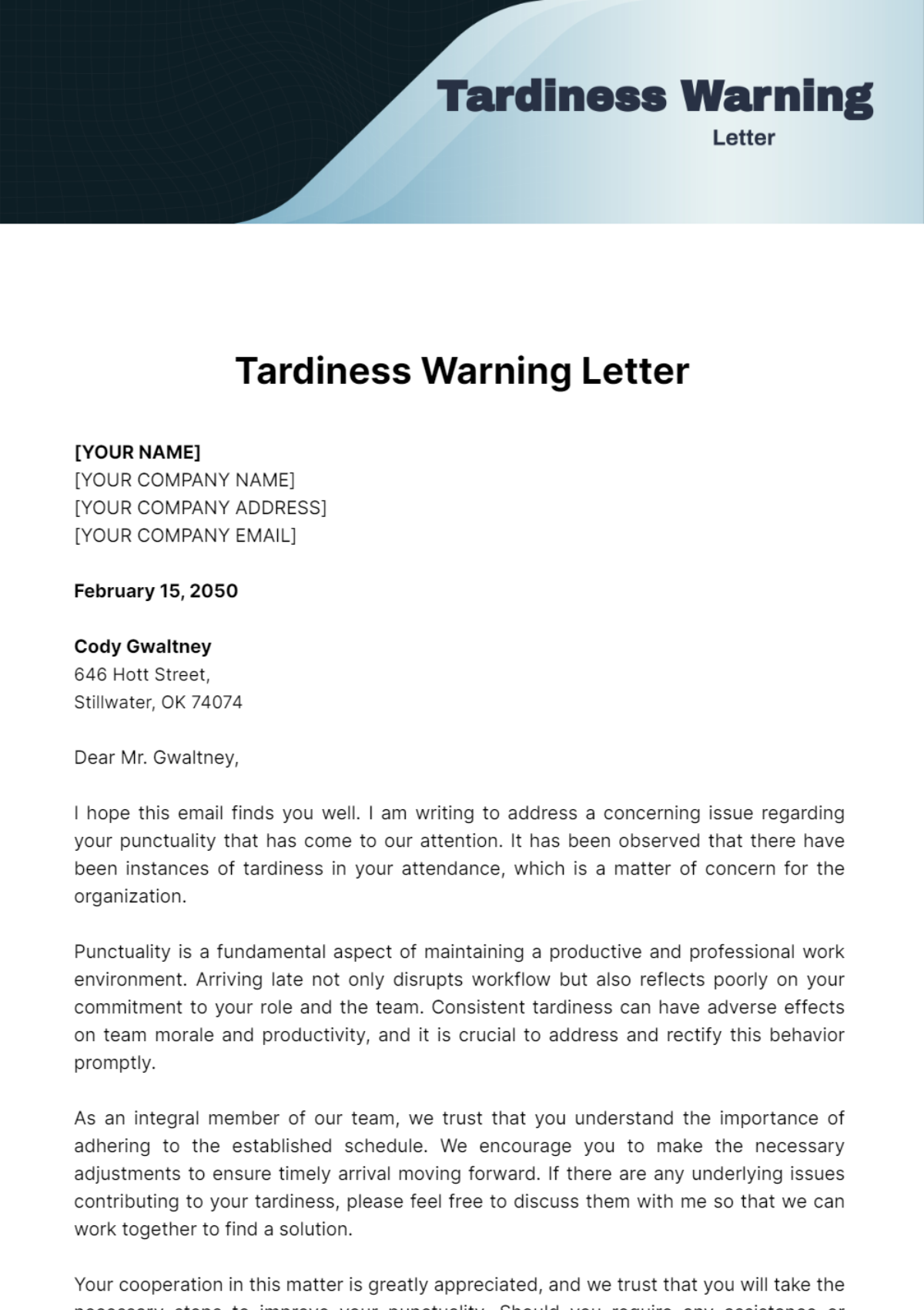 Tardiness Warning Letter Template