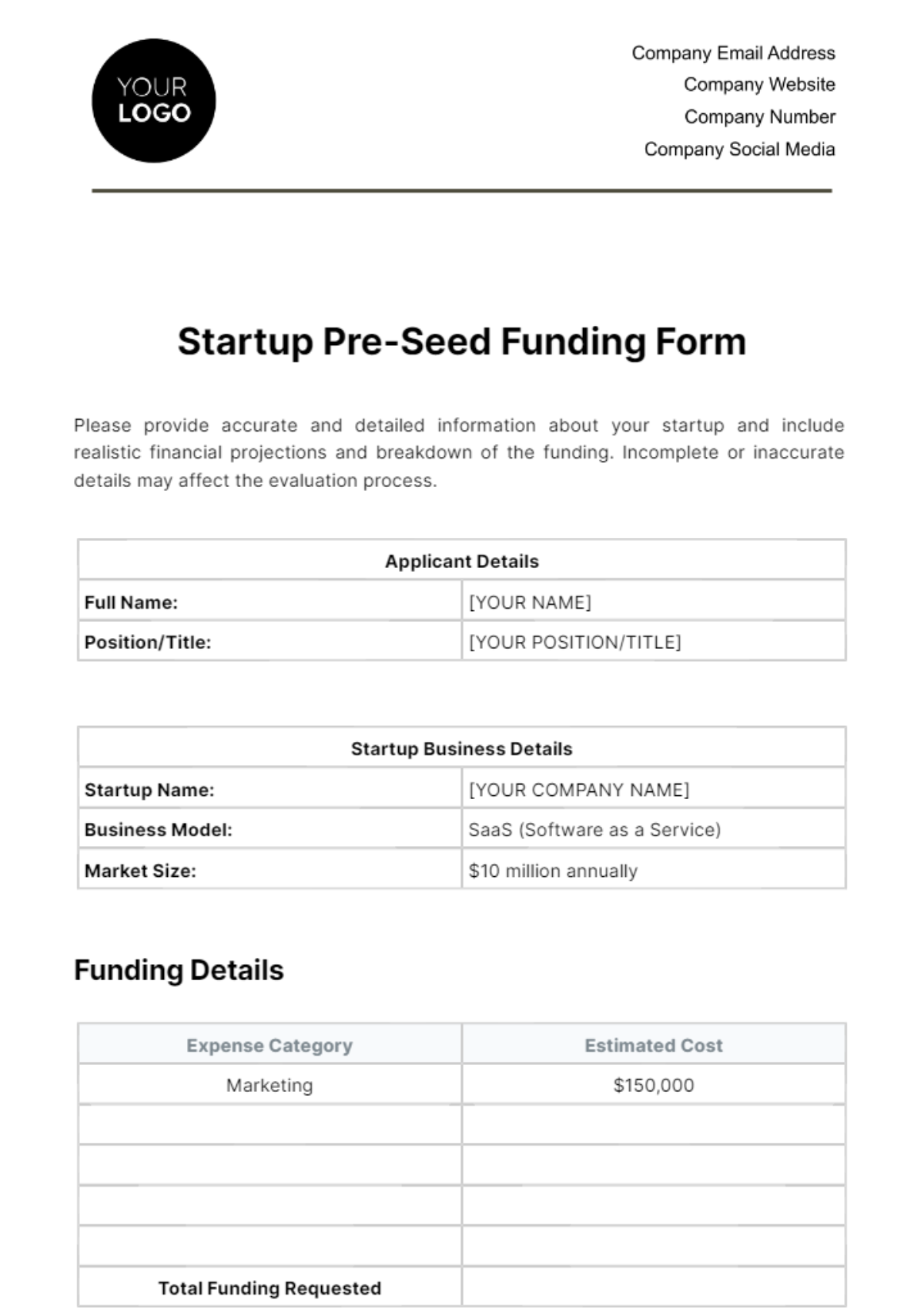 Startup Pre-Seed Funding Form Template