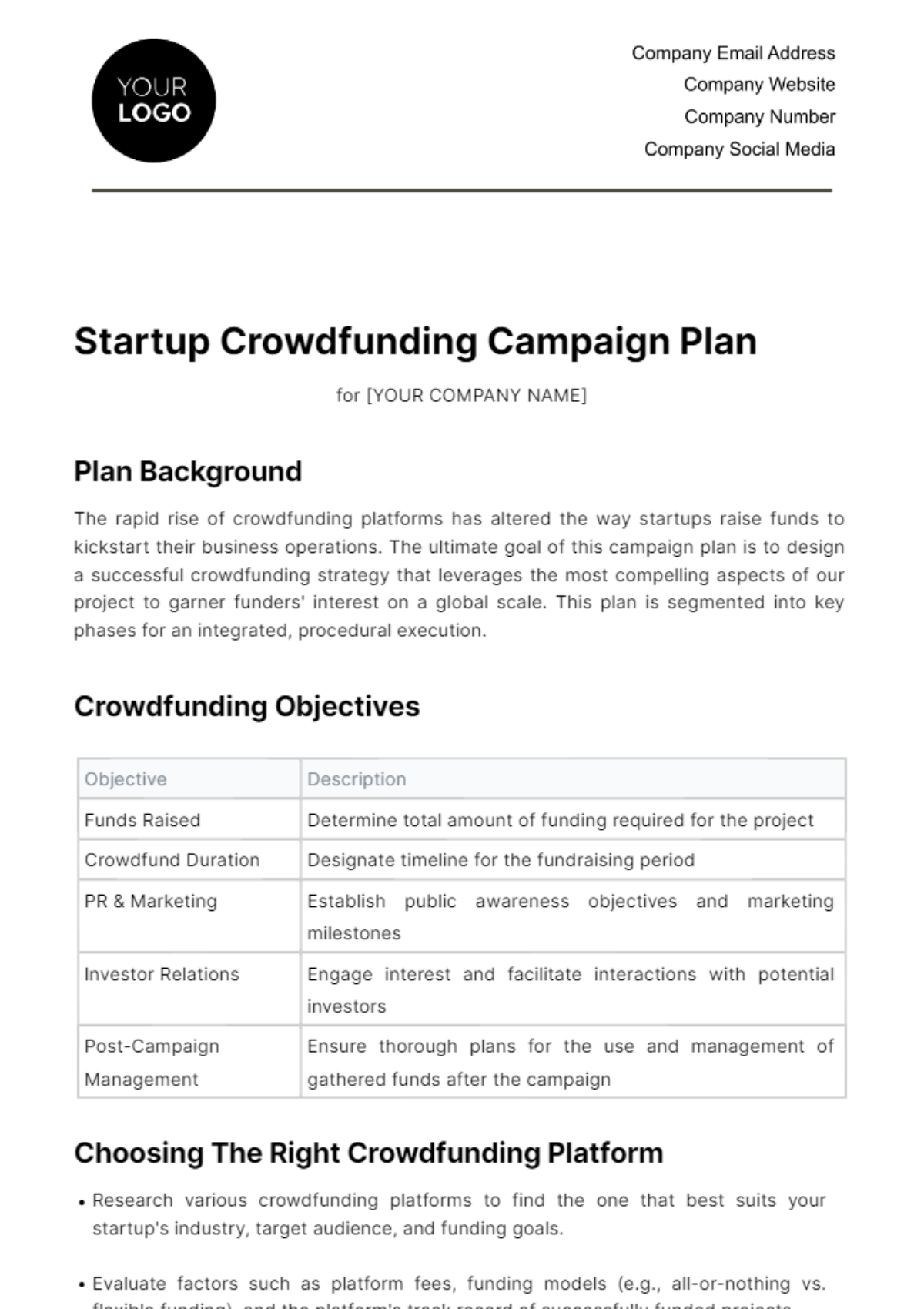 Free Startup Crowdfunding Campaign Plan Template