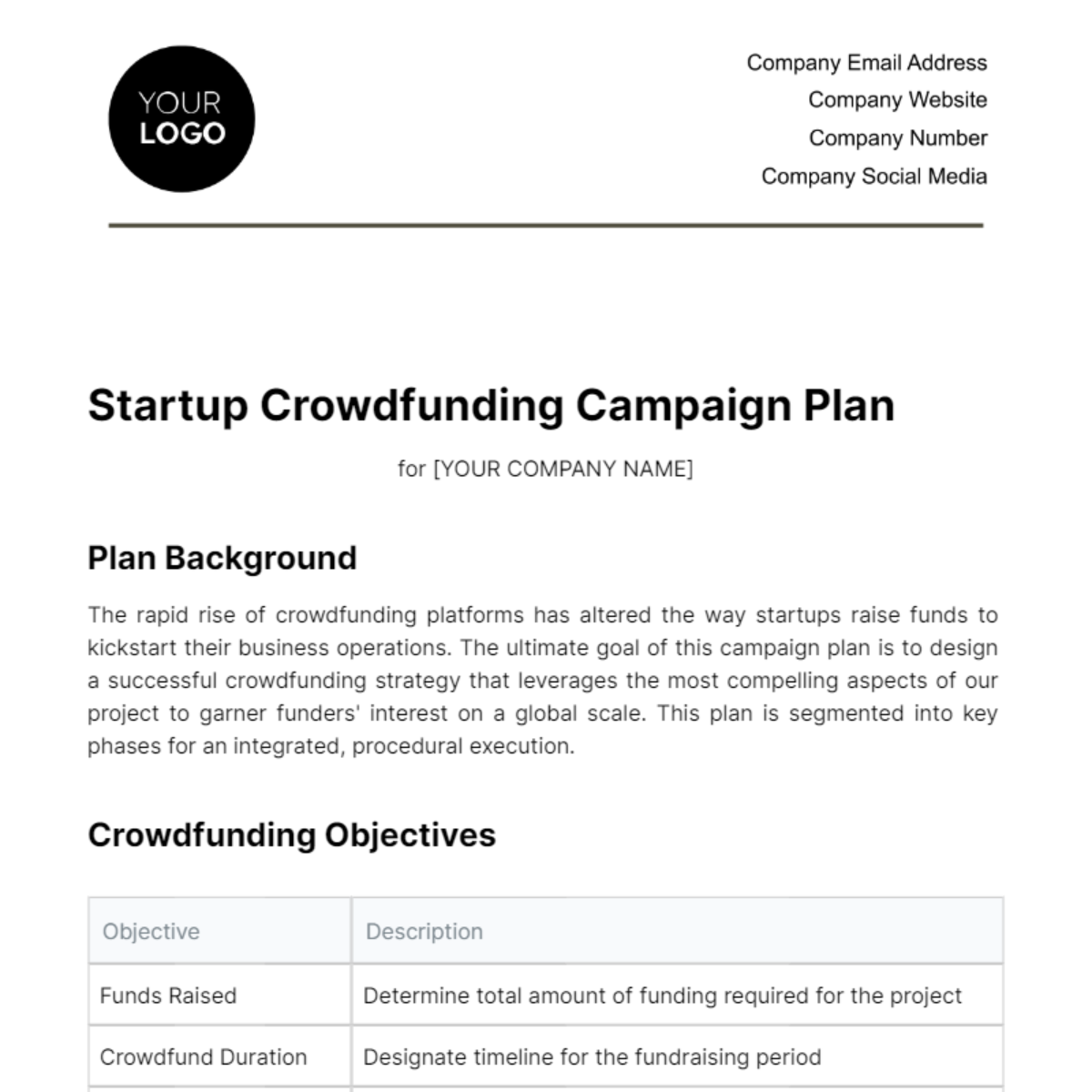 Startup Crowdfunding Campaign Plan Template