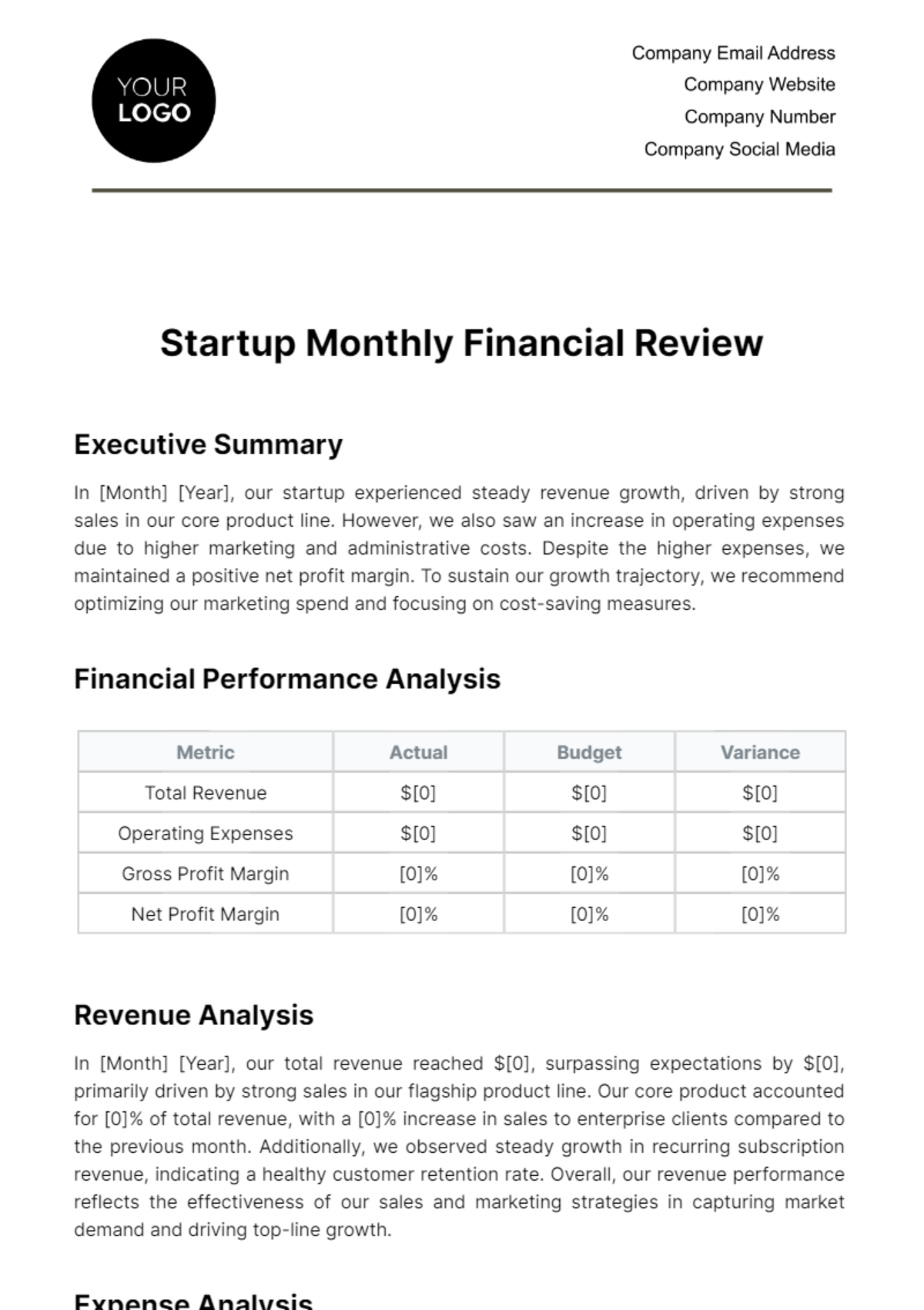 Startup Monthly Financial Review Template