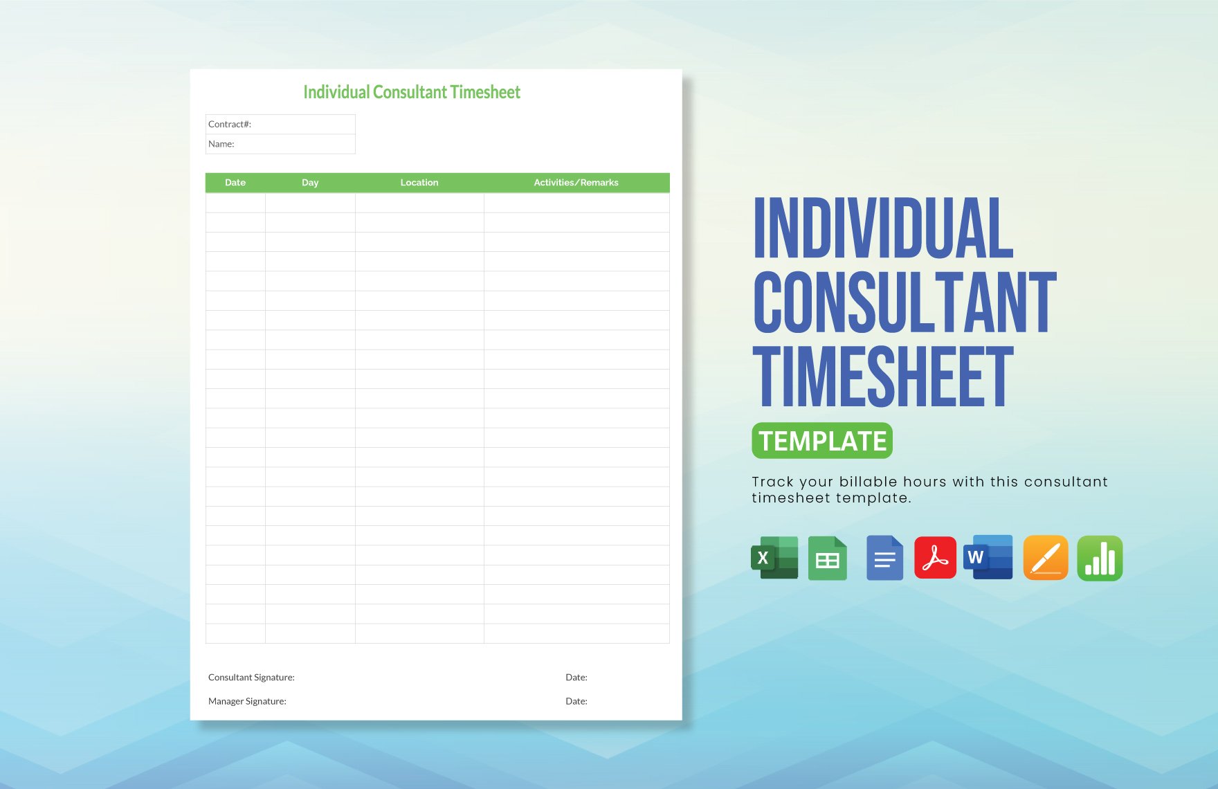 Individual Consultant Timesheet Template in Word, Google Docs, Excel, PDF, Google Sheets, Apple Pages, Apple Numbers