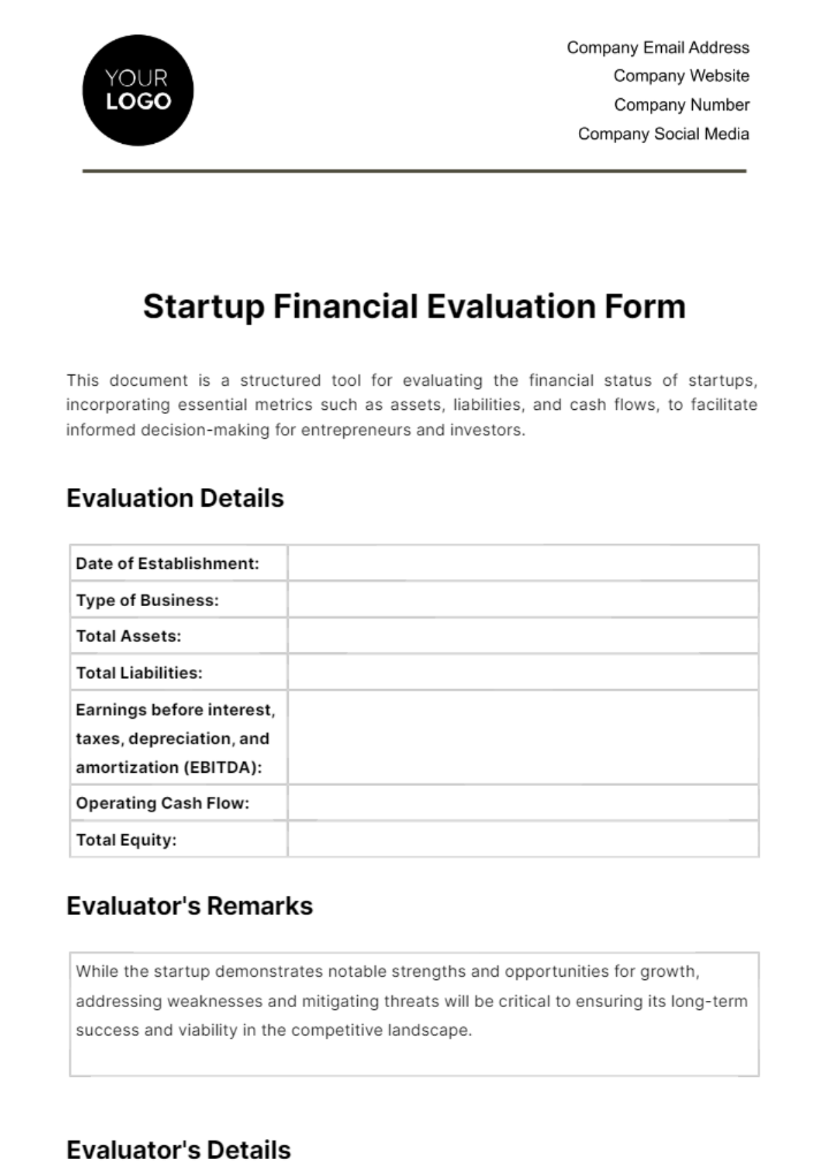 Free Startup Financial Evaluation Form Template