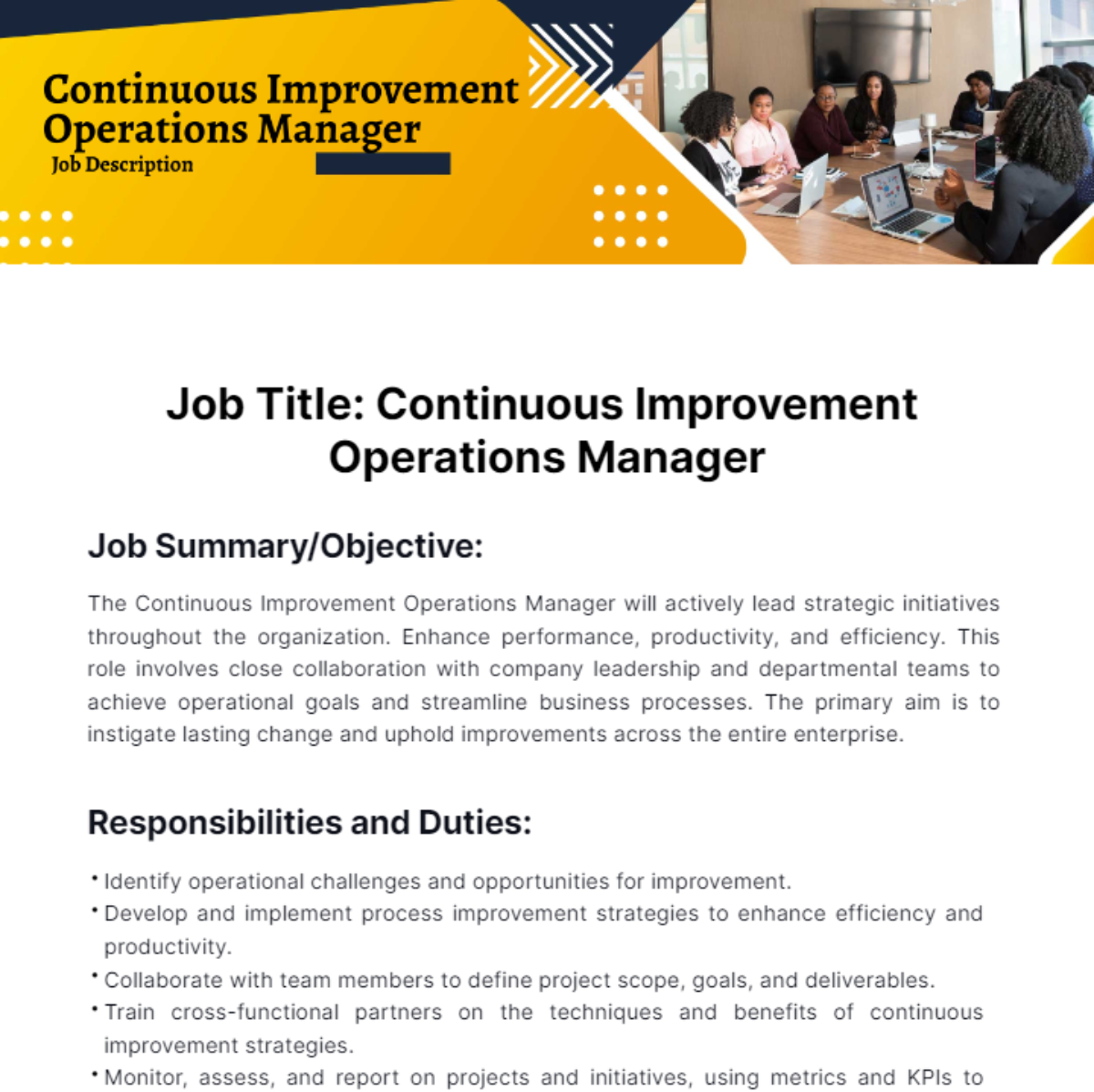 Continuous Improvement Operations Manager Job Description Template