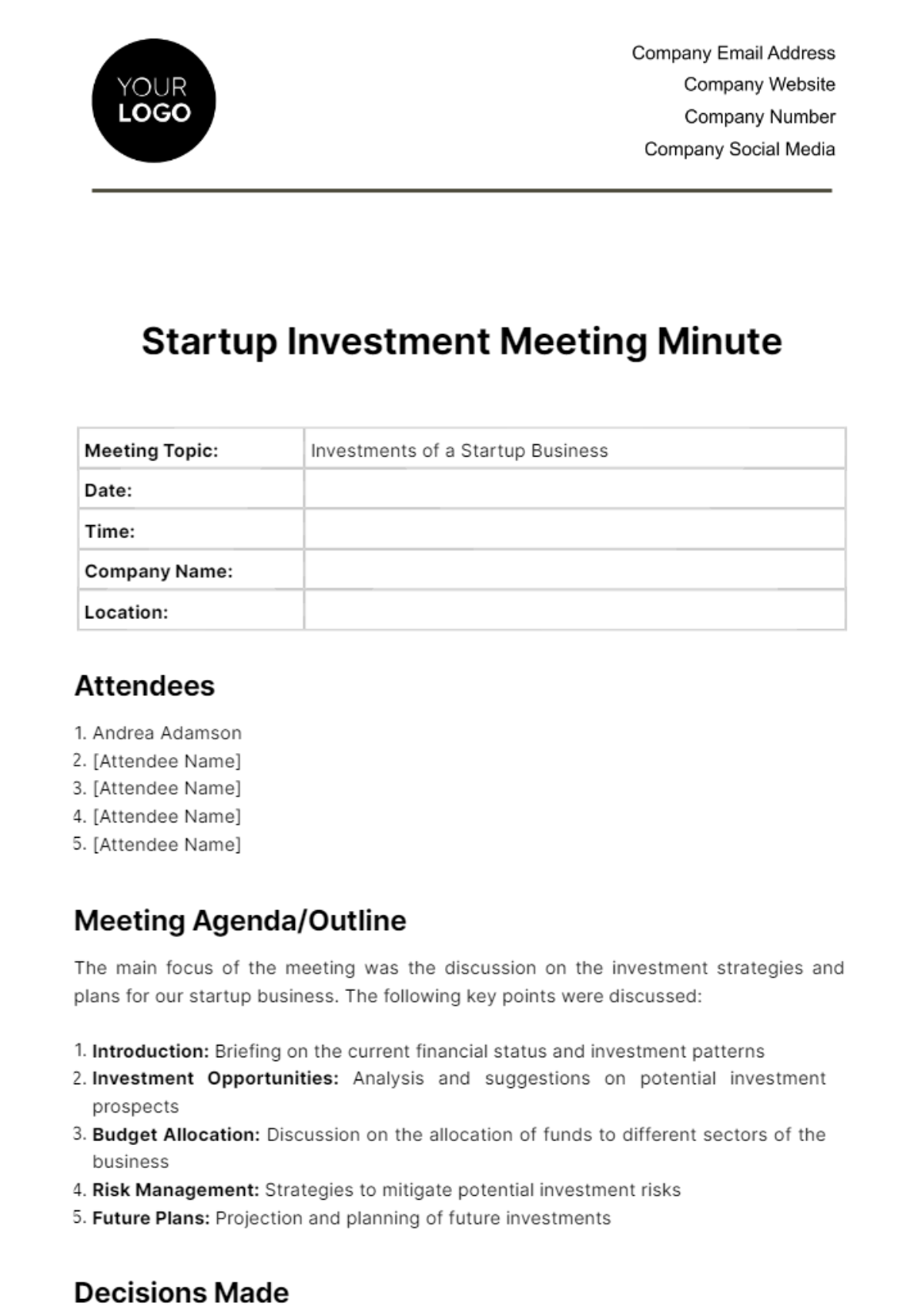 Startup Investment Meeting Minute Template