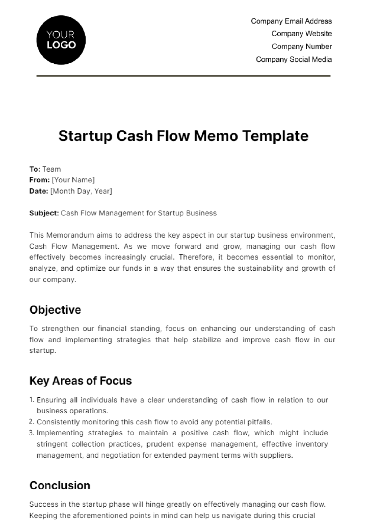 Startup Cash Flow Memo Template