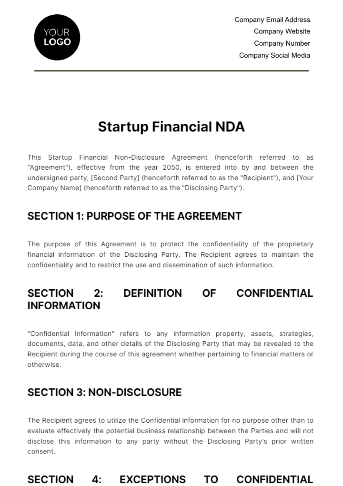 Startup Financial NDA Template