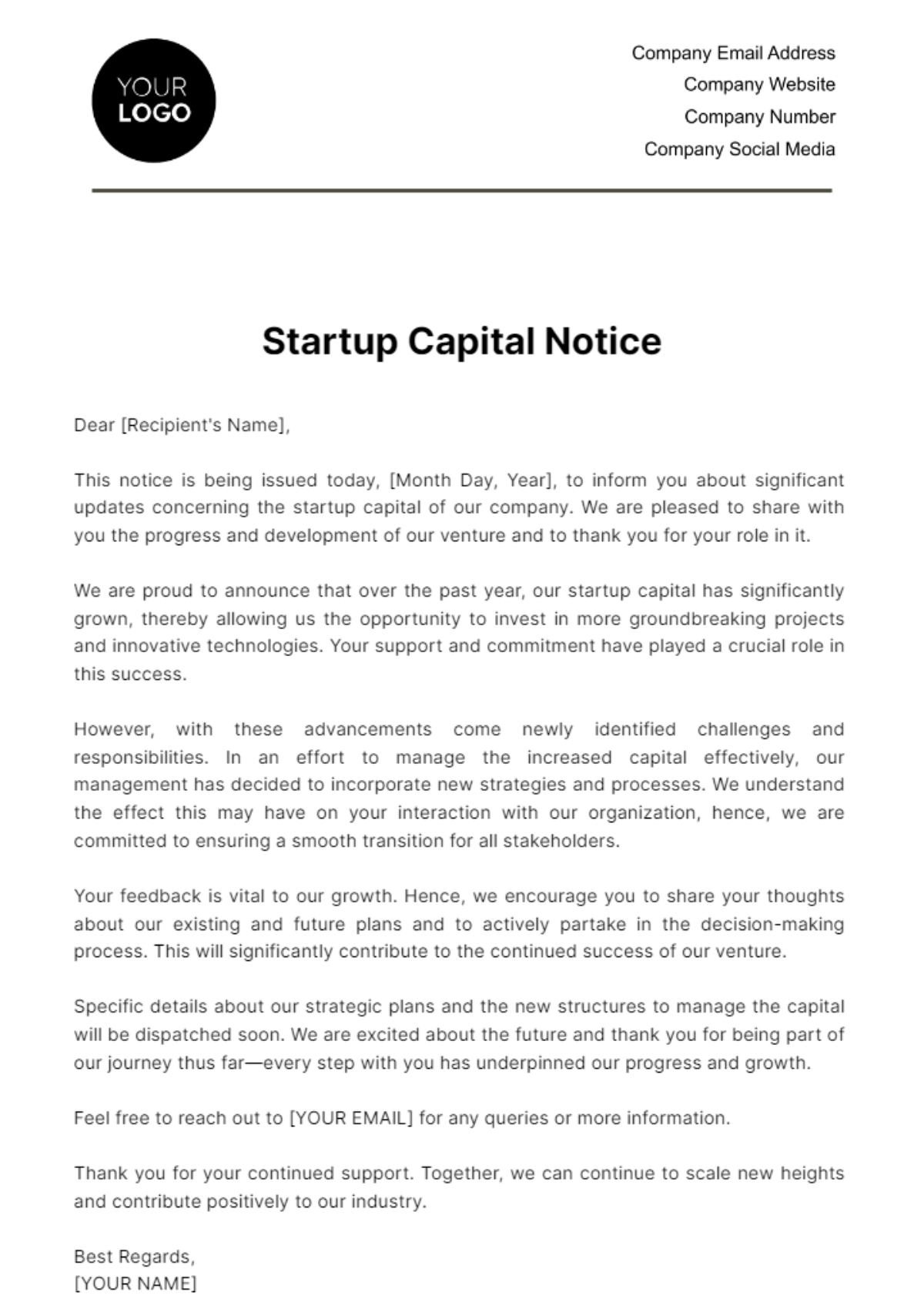 Startup Capital Notice Template