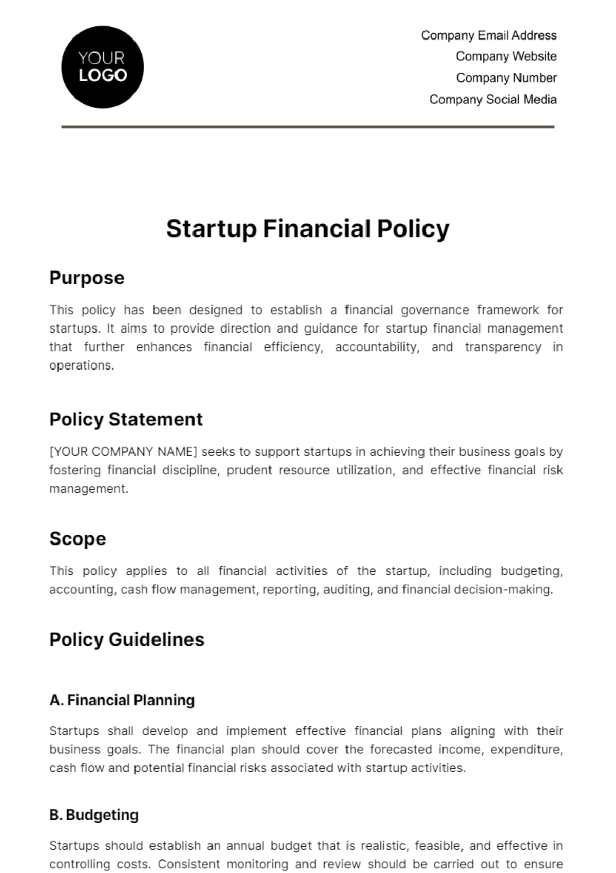 Free Startup Financial Policy Template