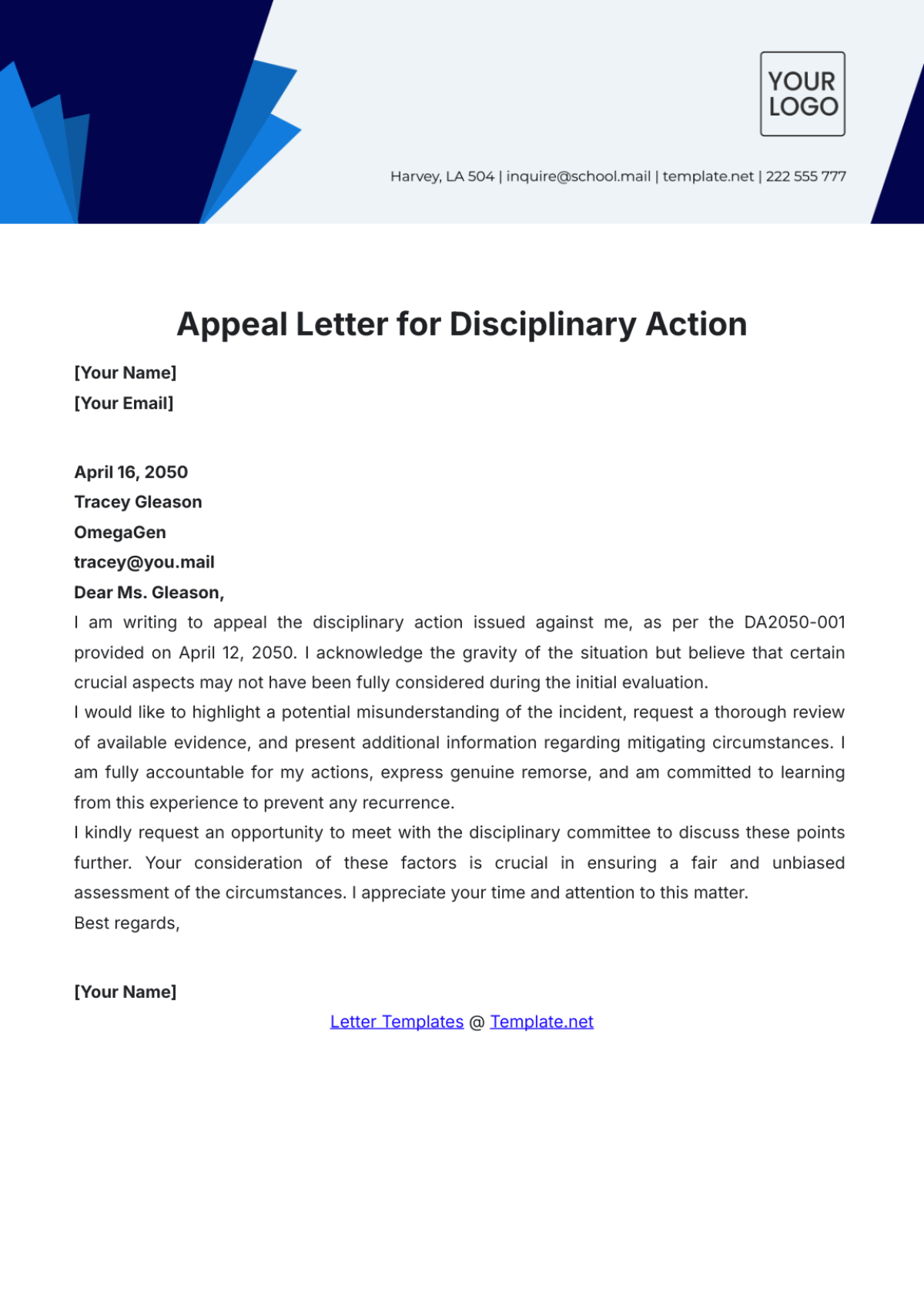 Appeal Letter for Disciplinary Action Template - Edit Online & Download