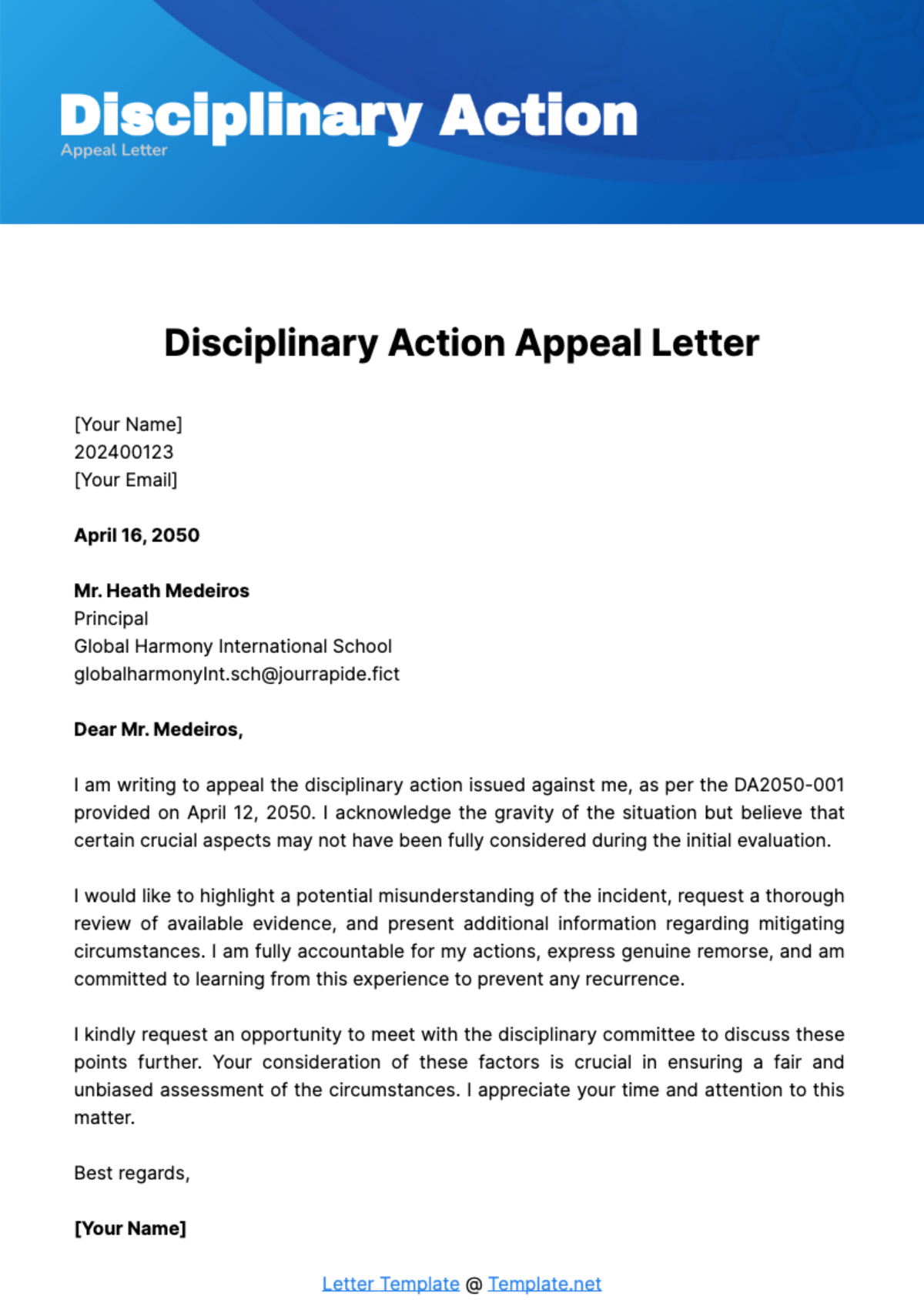 Disciplinary Action Appeal Letter Template