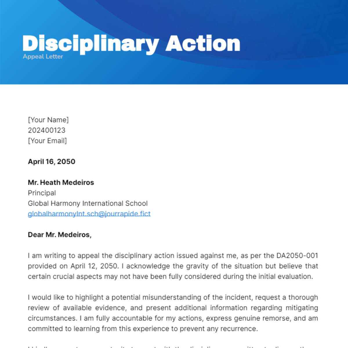 Disciplinary Action Appeal Letter Template