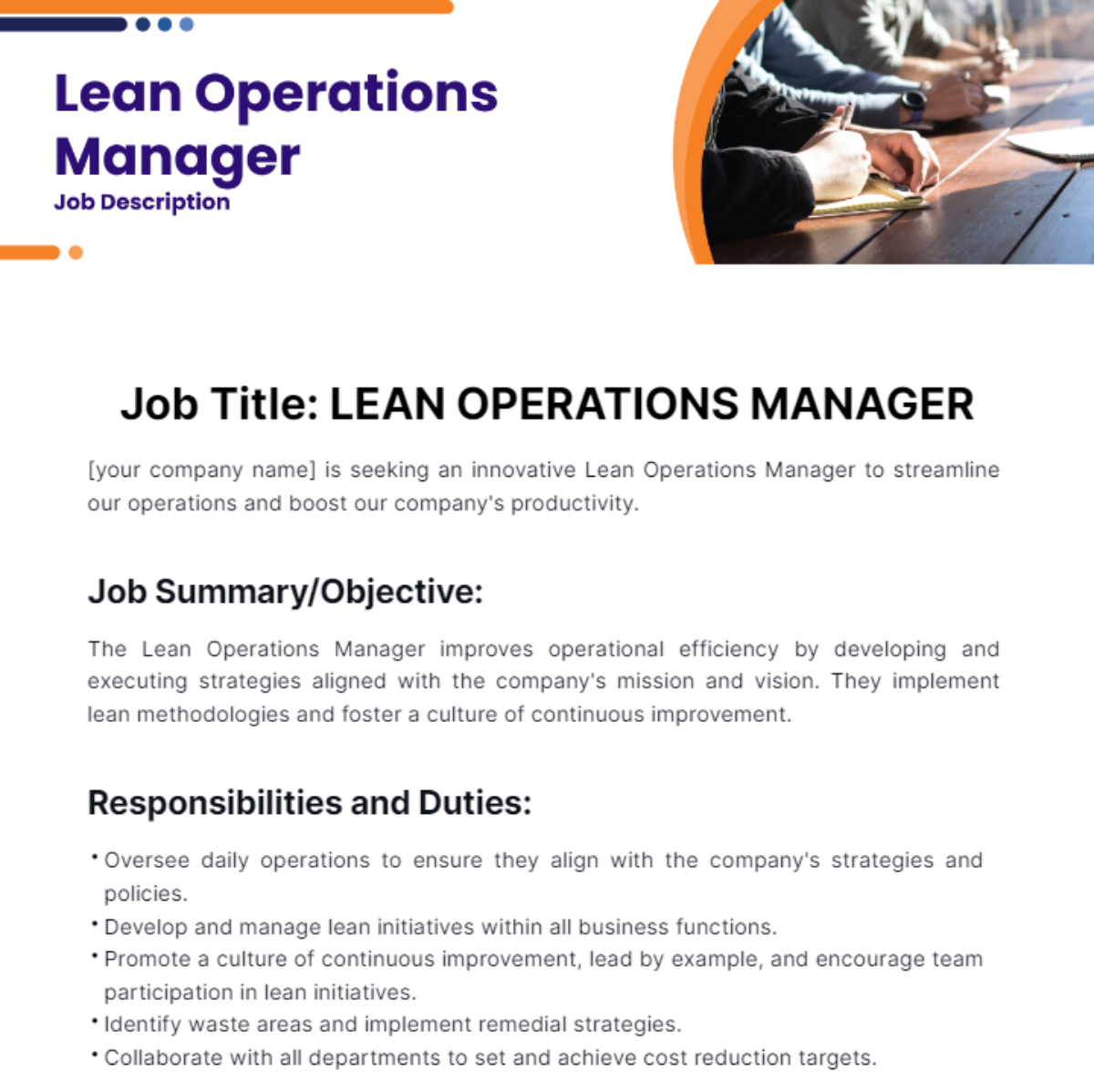 Lean Operations Manager Job Description Template