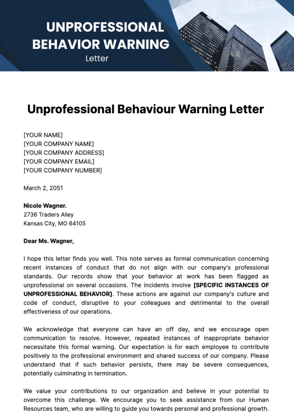 Unprofessional Behaviour Warning Letter Template