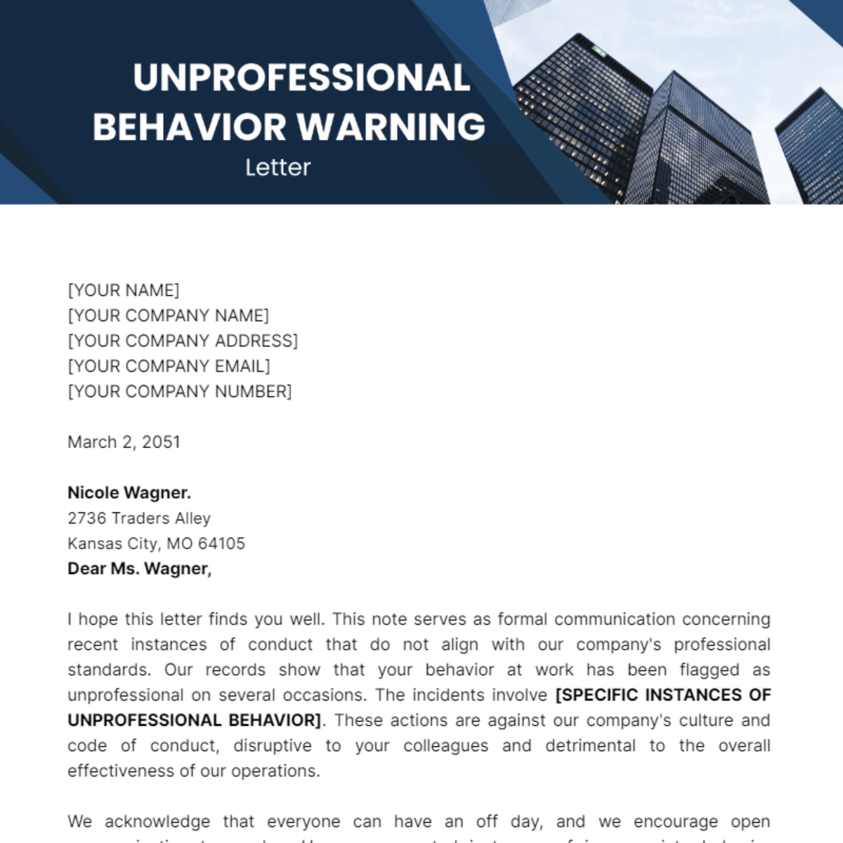 Unprofessional Behavior Warning Letter Template