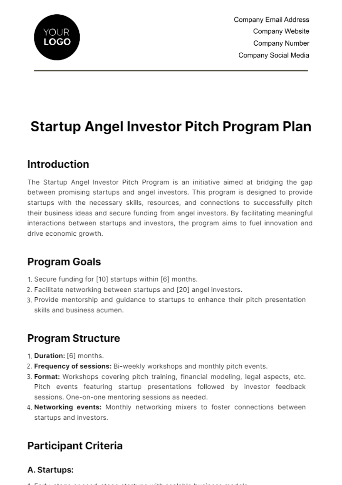 Startup Angel Investor Pitch Program Plan Template