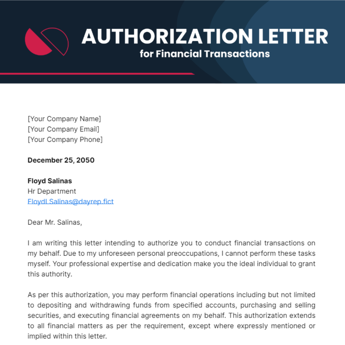 Authorization Letter for Financial Transactions Template