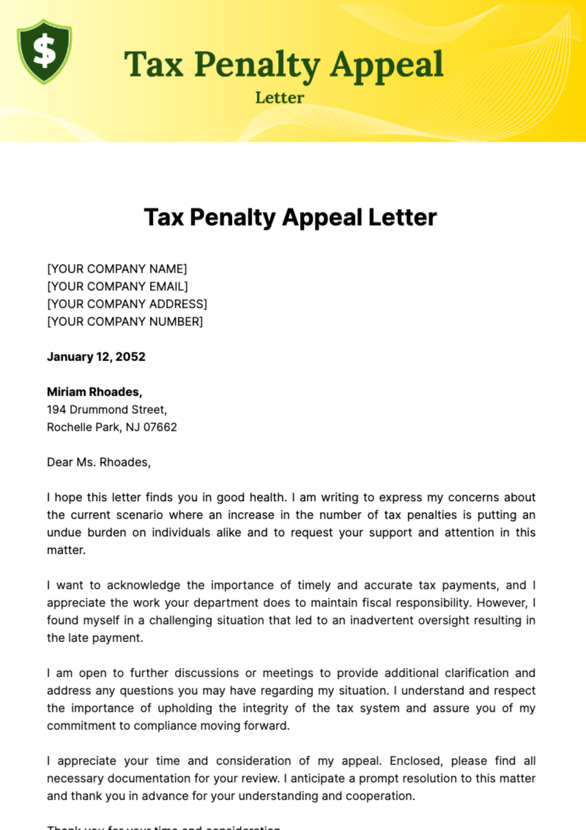 Tax Penalty Appeal Letter Template