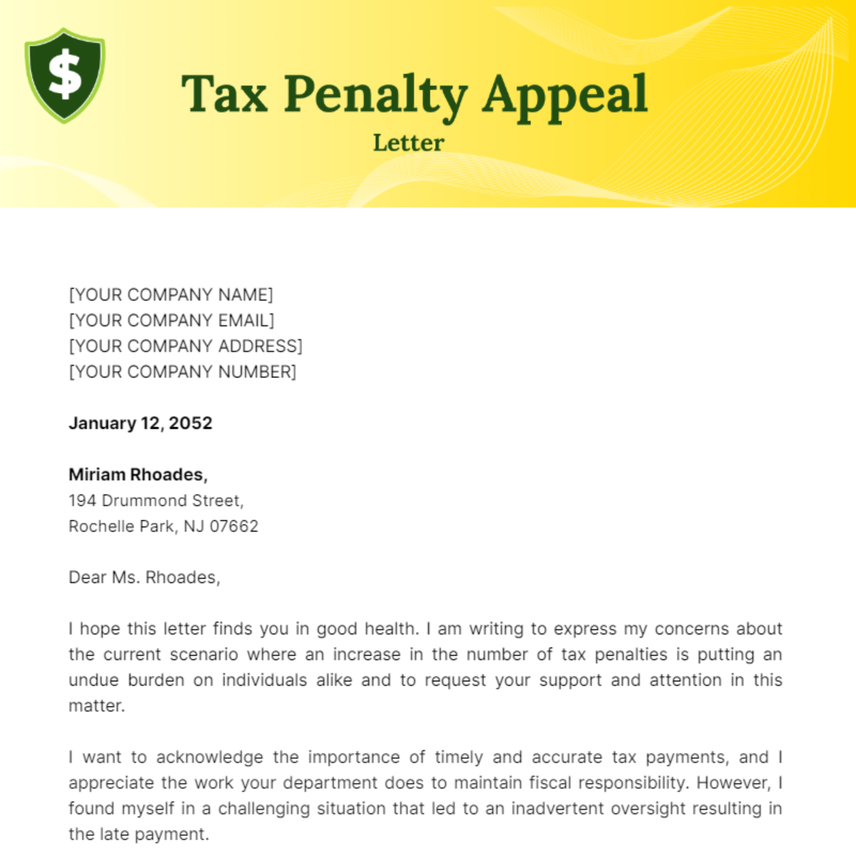 Tax Penalty Appeal Letter Template
