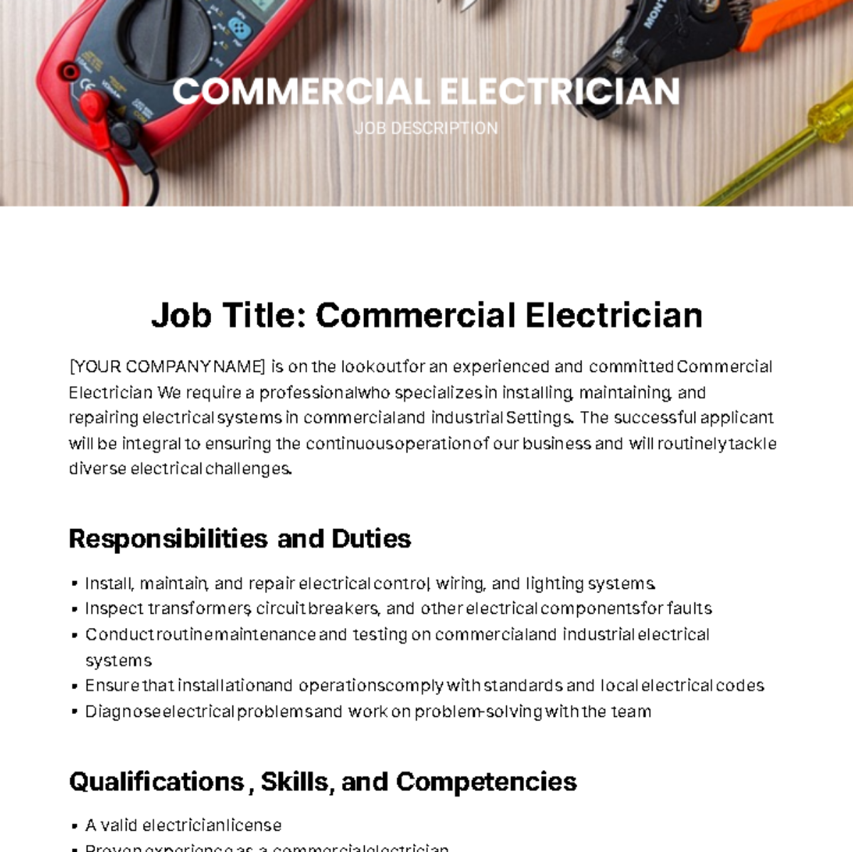 Commercial Electrician Job Description Template