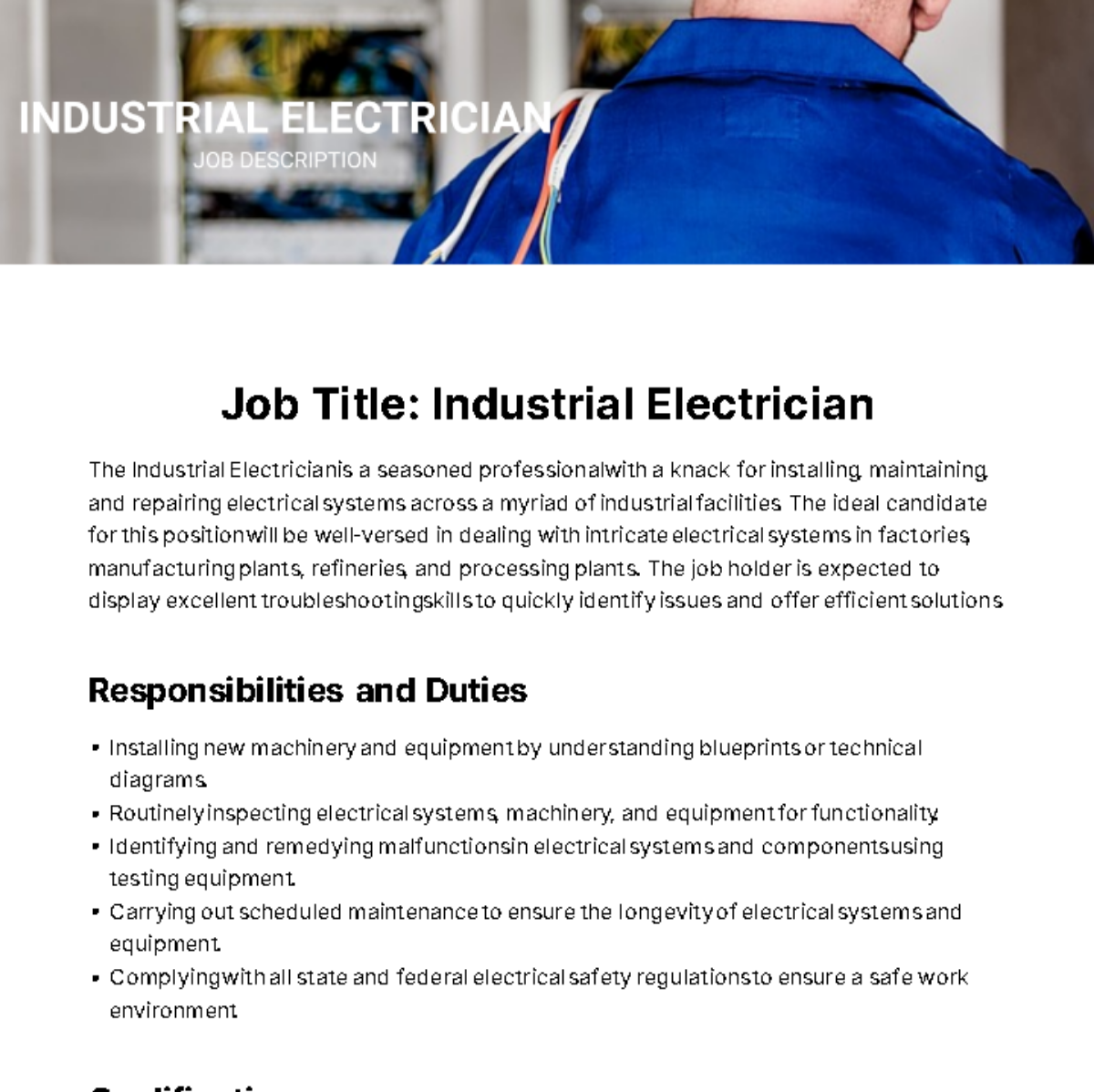 Industrial Electrician Job Description Template