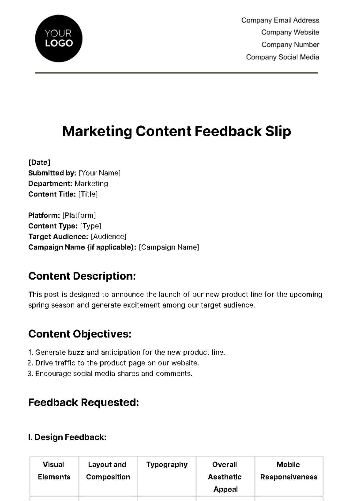 Free Marketing Content Feedback Slip Template