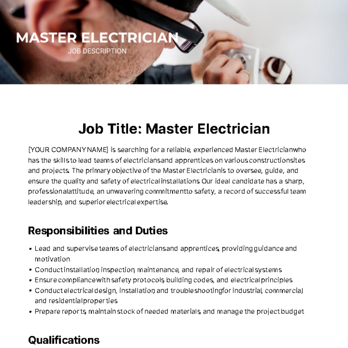 Master Electrician Job Description Template