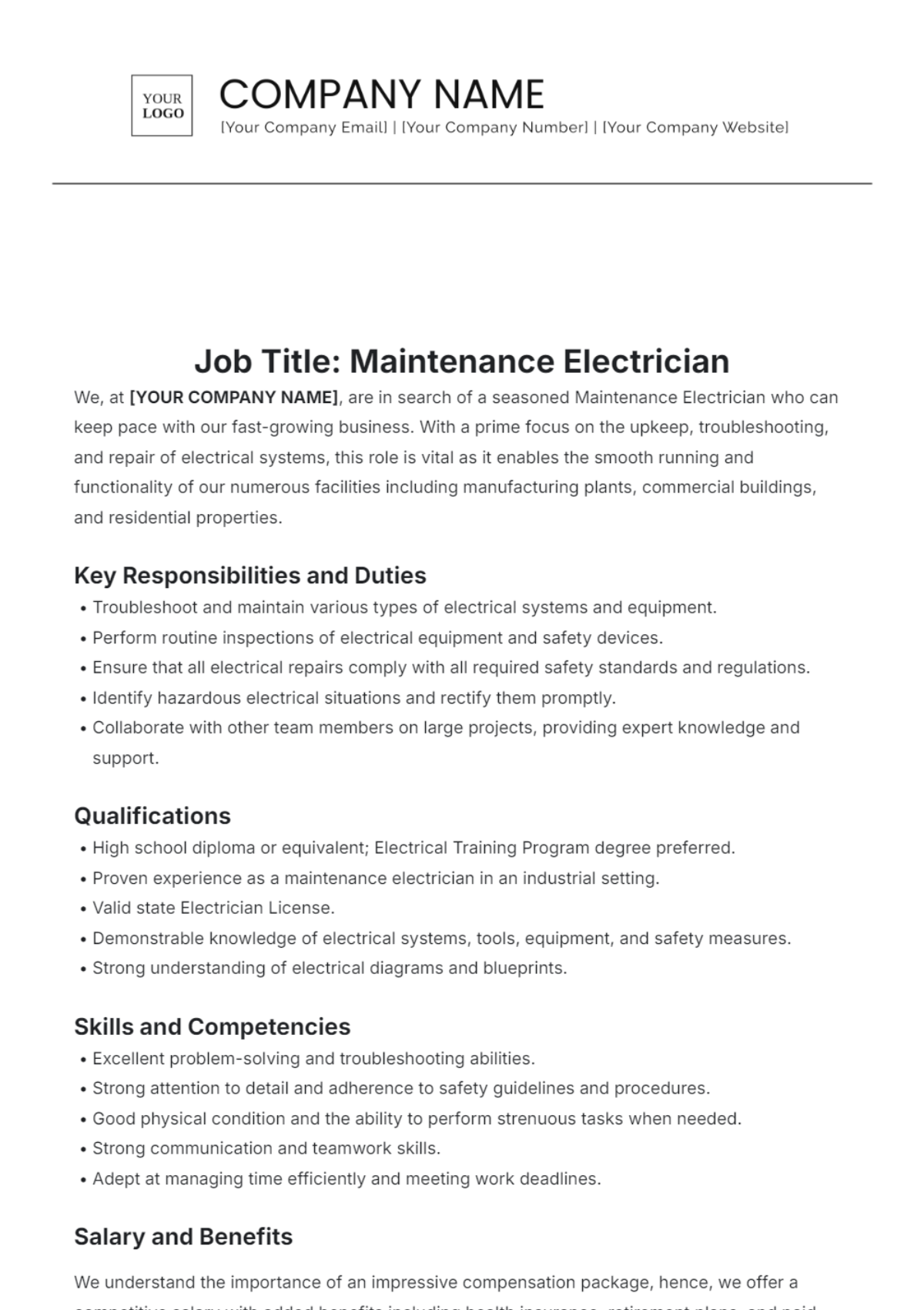 Maintenance Electrician Job Description Template - Edit Online & Download