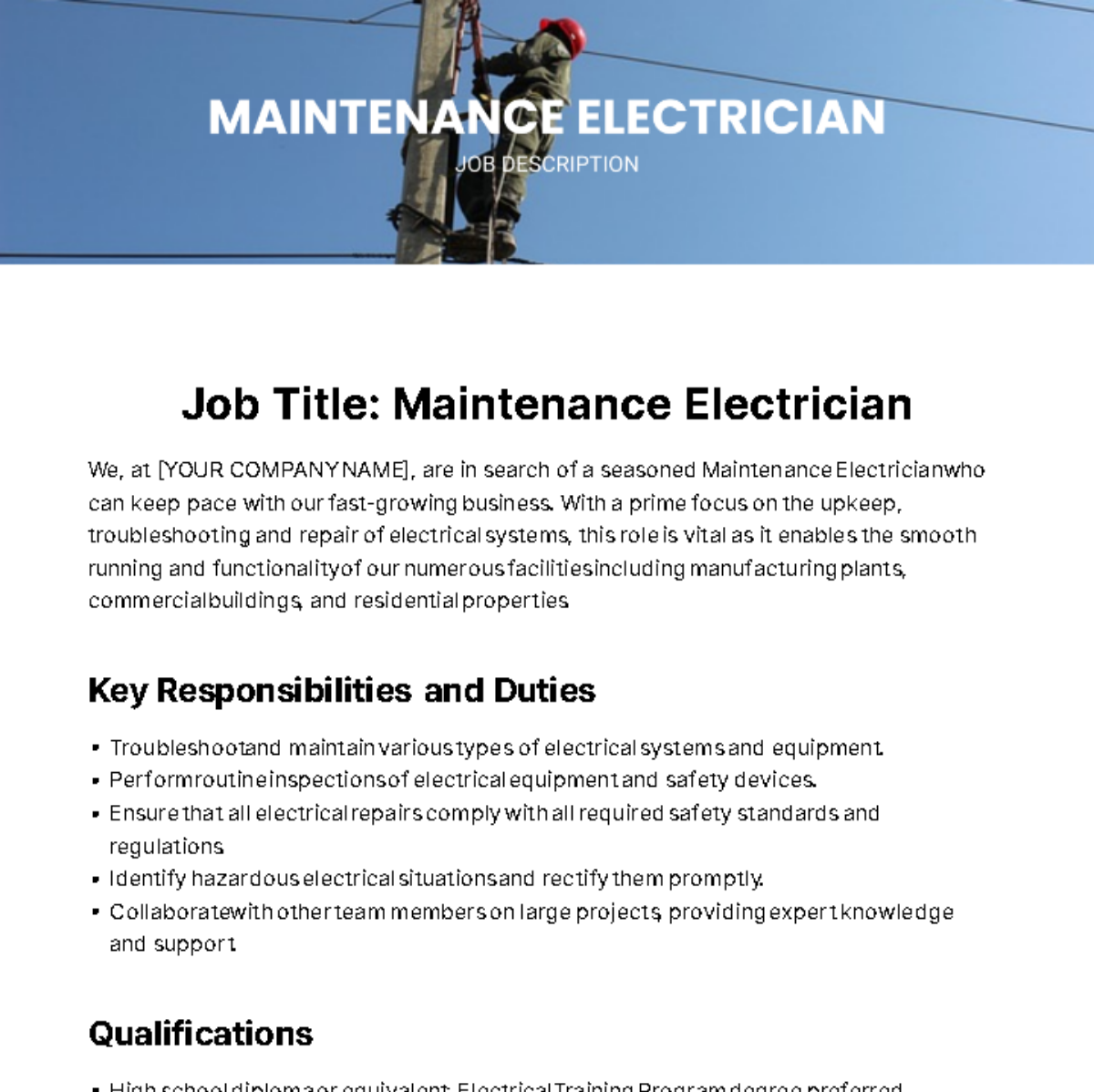Maintenance Electrician Job Description Template
