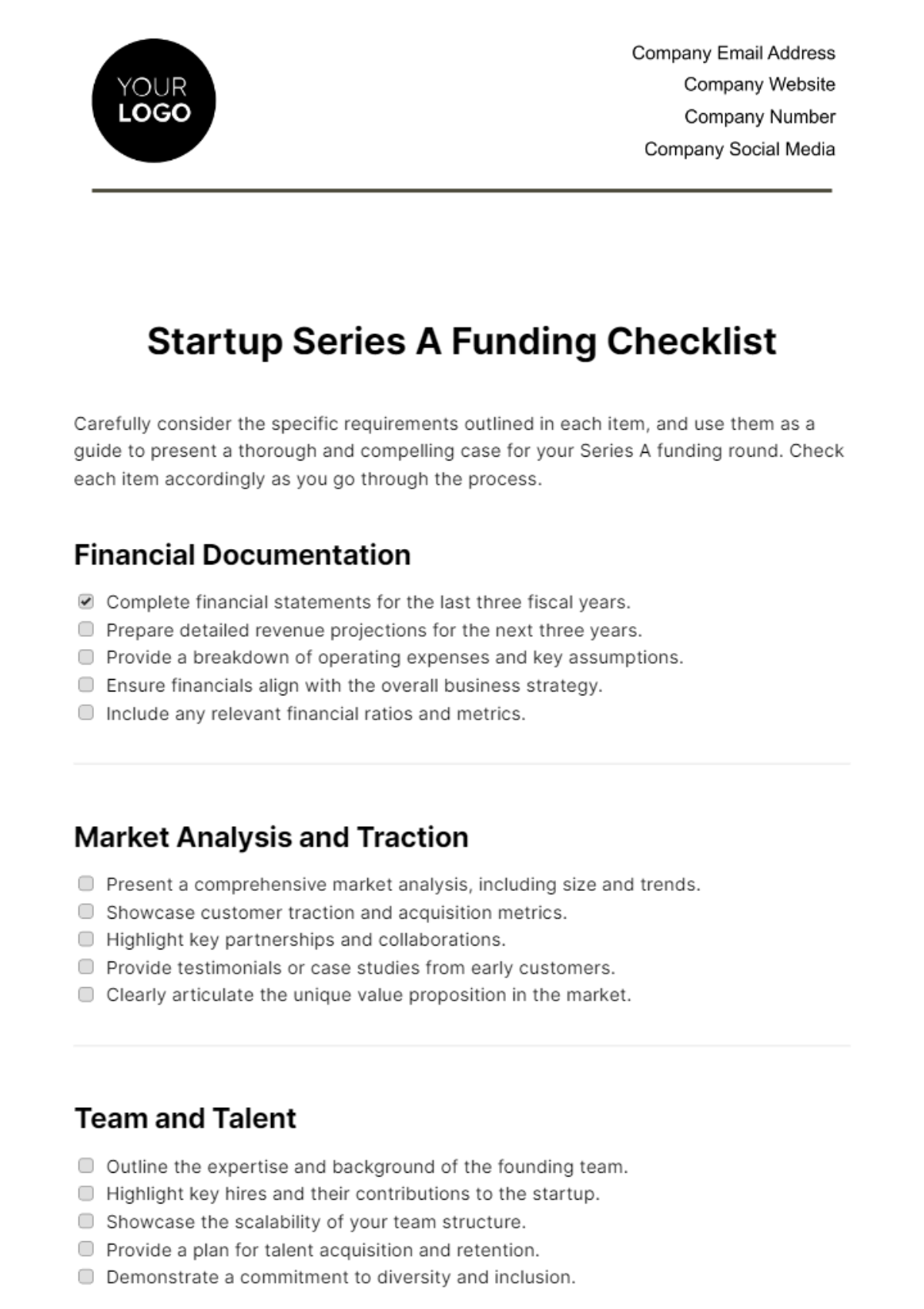 Free Startup Series A Funding Checklist Template