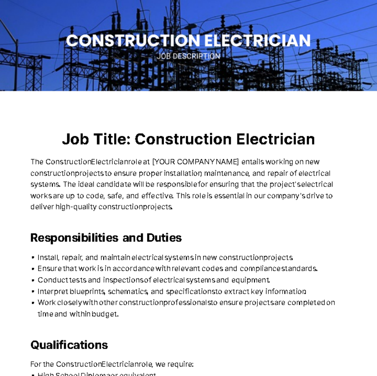 Construction Electrician Job Description Template