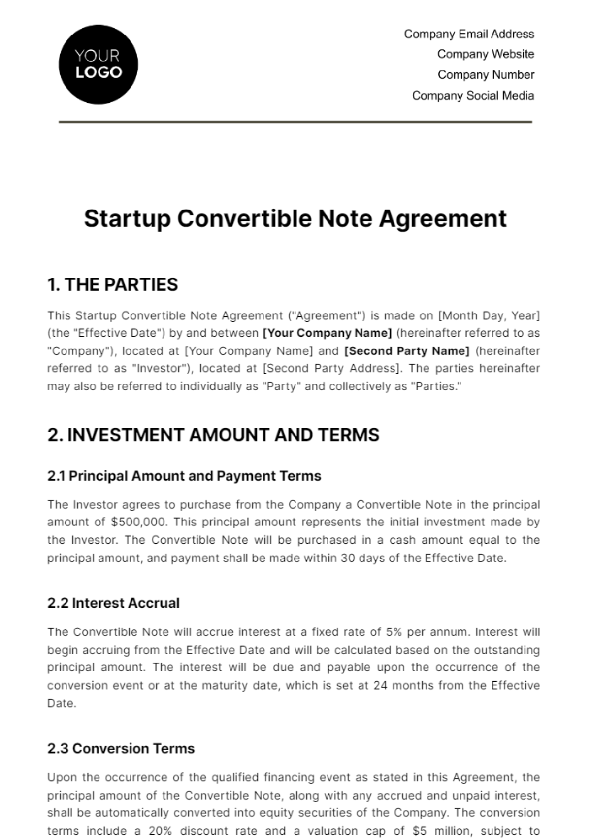 Free Startup Convertible Note Agreement Template