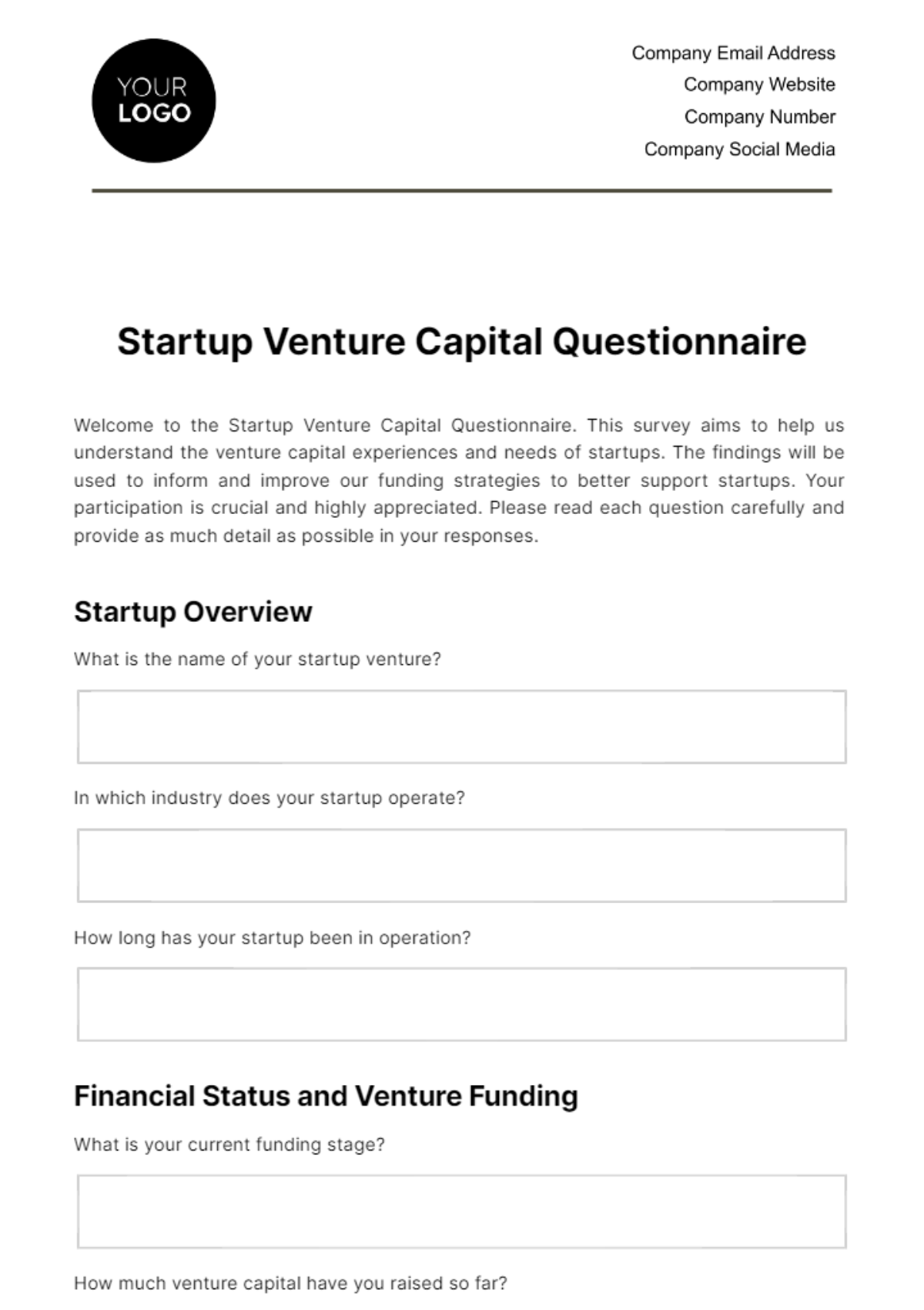 Startup Venture Capital Questionnaire Template