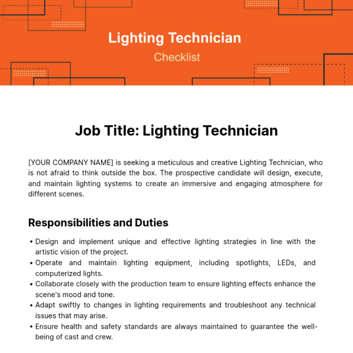 Lighting Technician Job Description Template