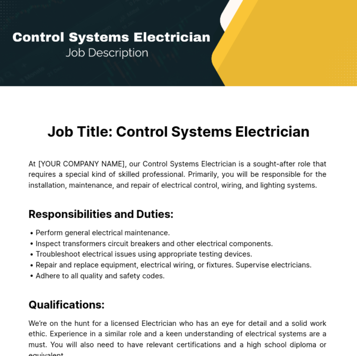 Control Systems Electrician Job Description Template