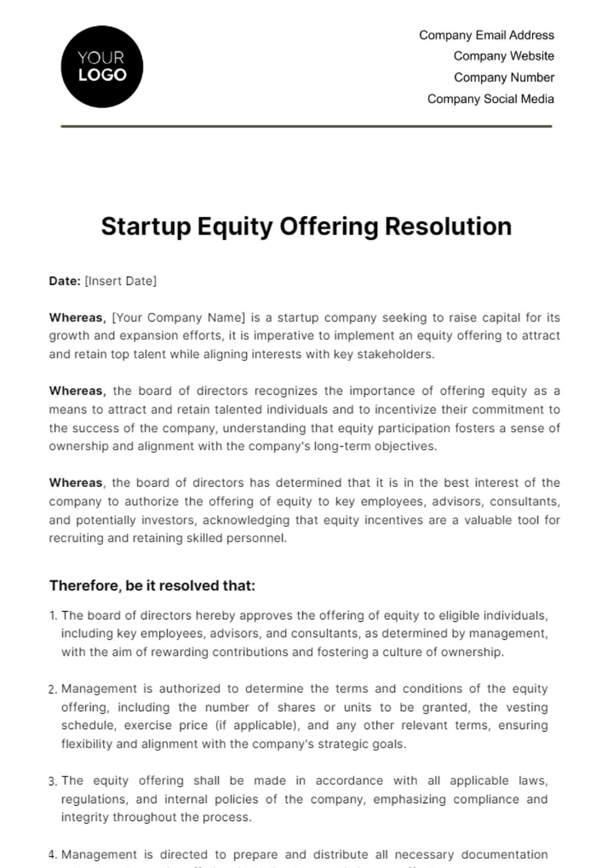 Free Startup Equity Offering Resolution Template