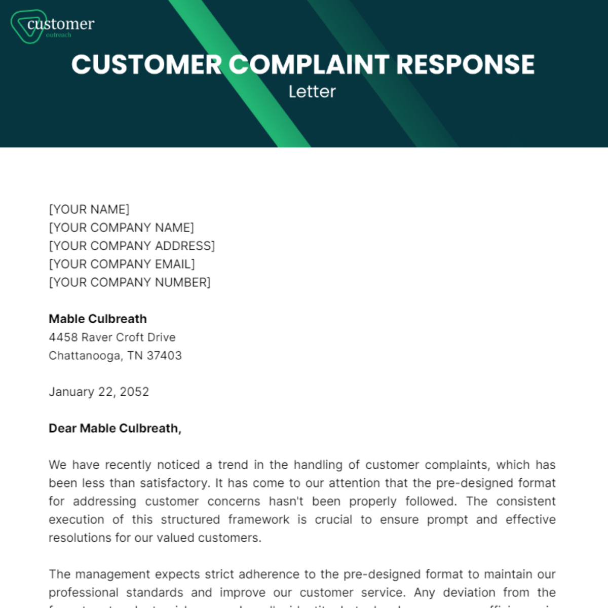 Customer Complaint Response Letter Template
